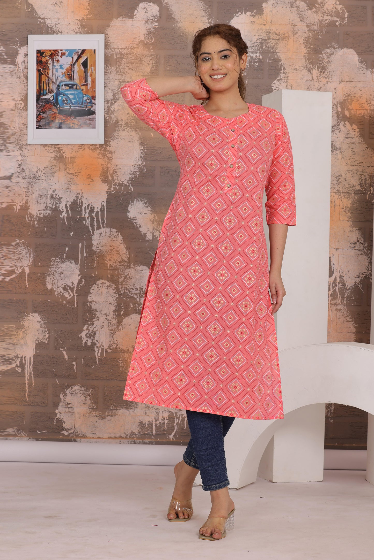 Women's Elegant Printed Cotton Straight Kurti - Naticraft