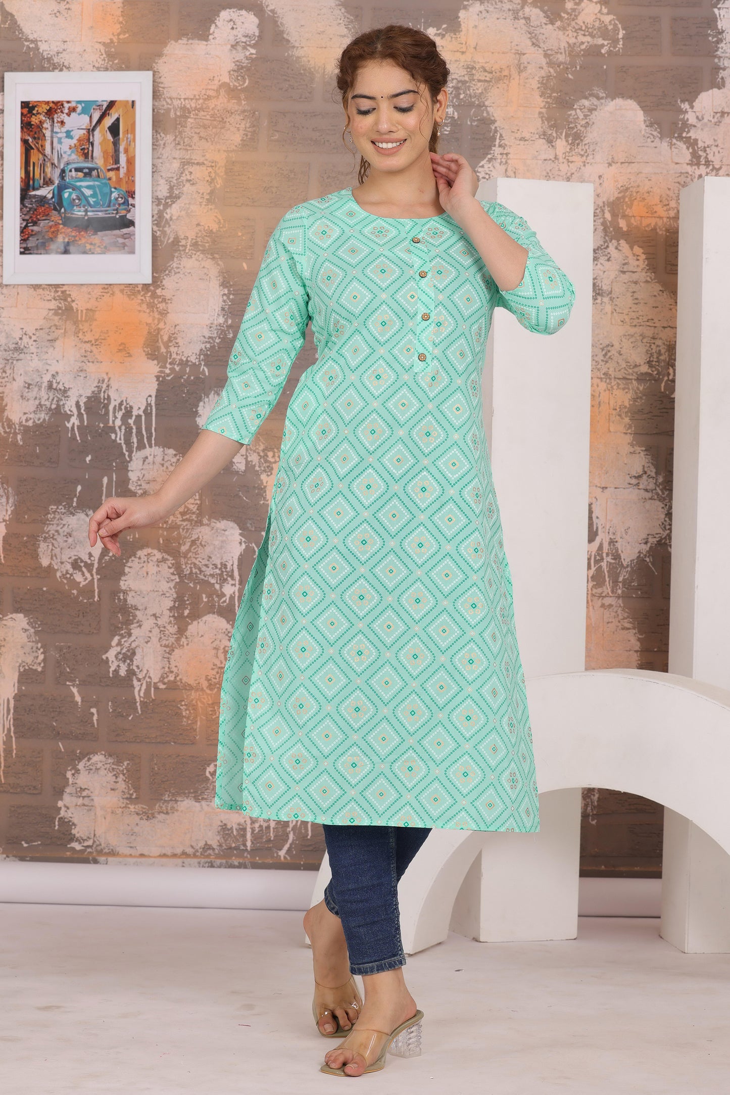 Women's Elegant Printed Cotton Straight Kurti - Naticraft