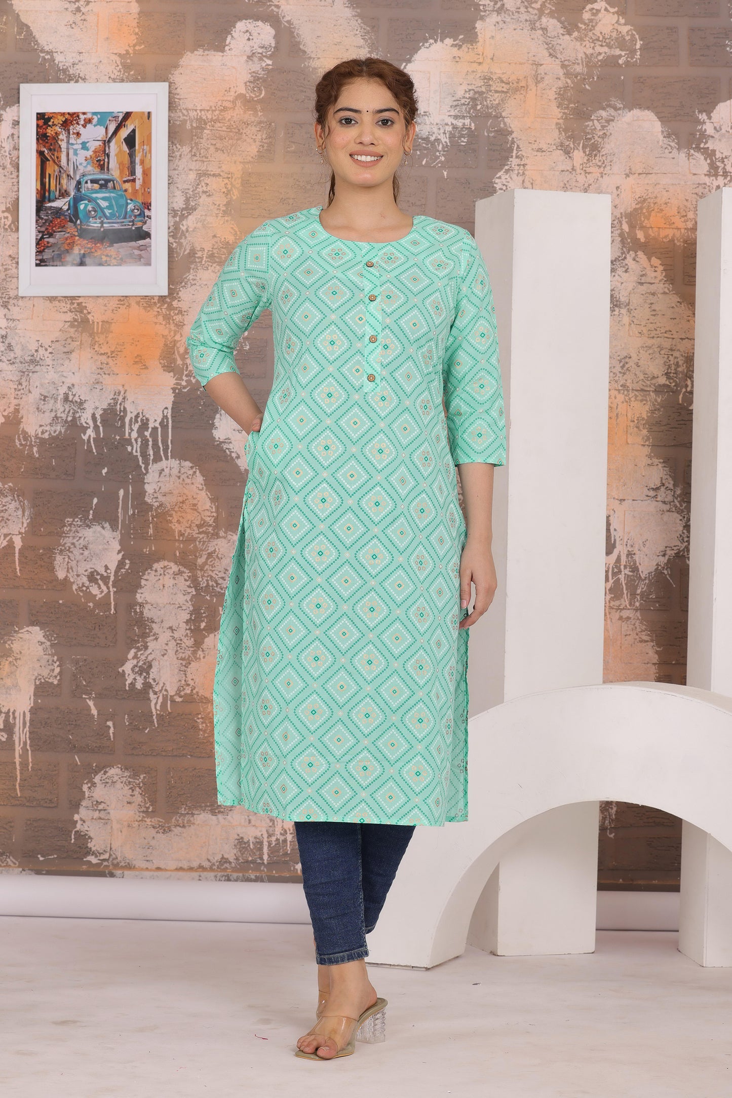 Women's Elegant Printed Cotton Straight Kurti - Naticraft