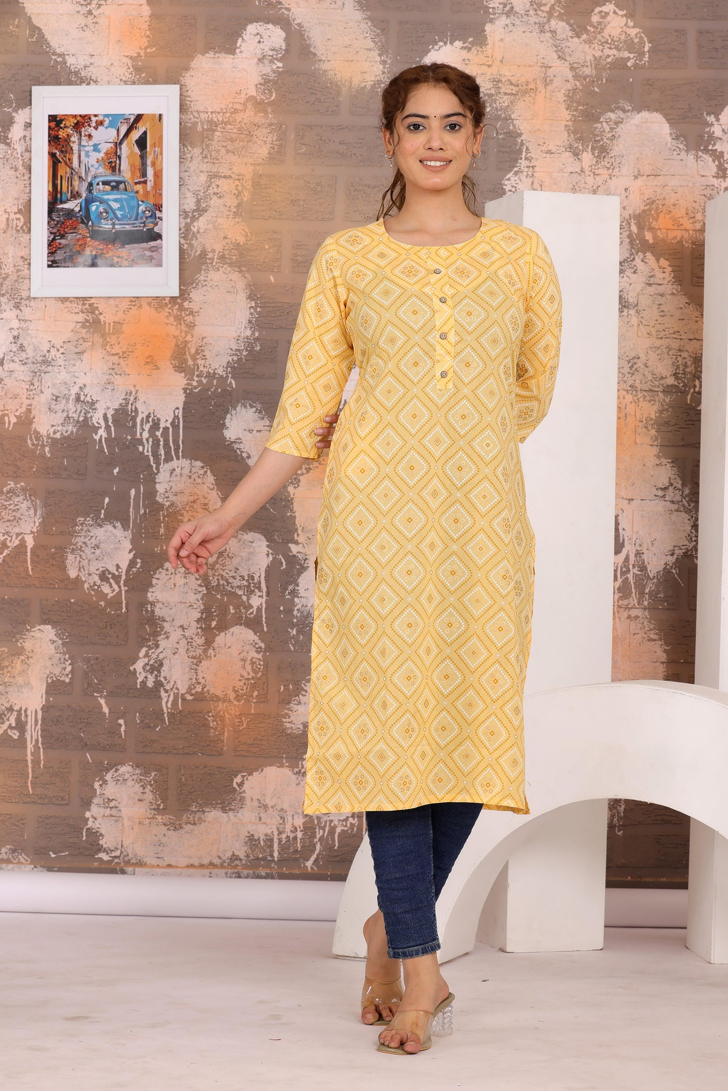 Women's Elegant Printed Cotton Straight Kurti - Naticraft