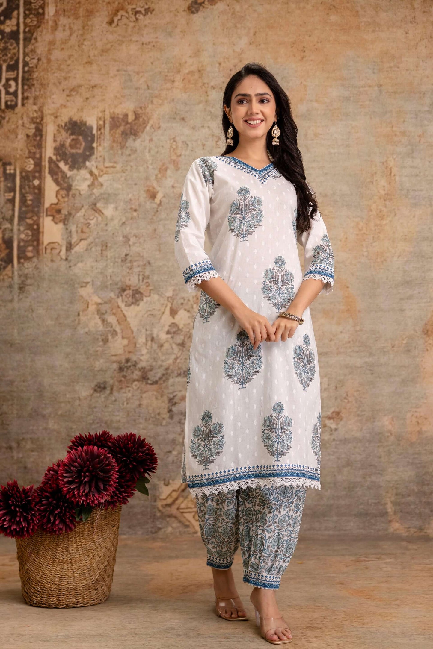 White Cotton Kurta Set with Sky Blue Floral Print and Dupatta - Naticraft