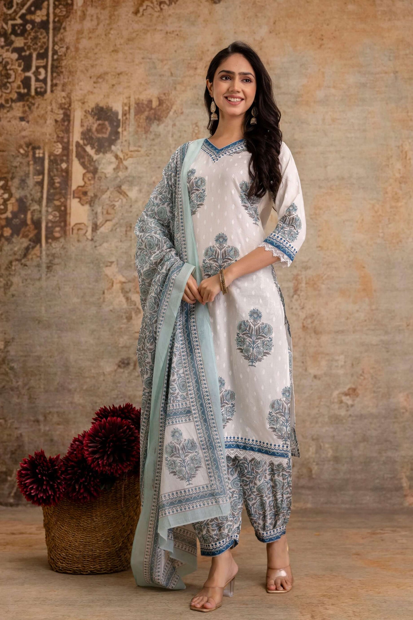 White Cotton Kurta Set with Sky Blue Floral Print and Dupatta - Naticraft