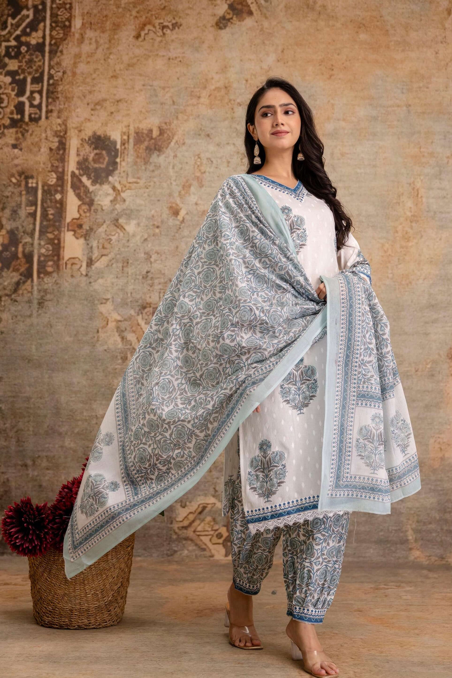 White Cotton Kurta Set with Sky Blue Floral Print and Dupatta - Naticraft