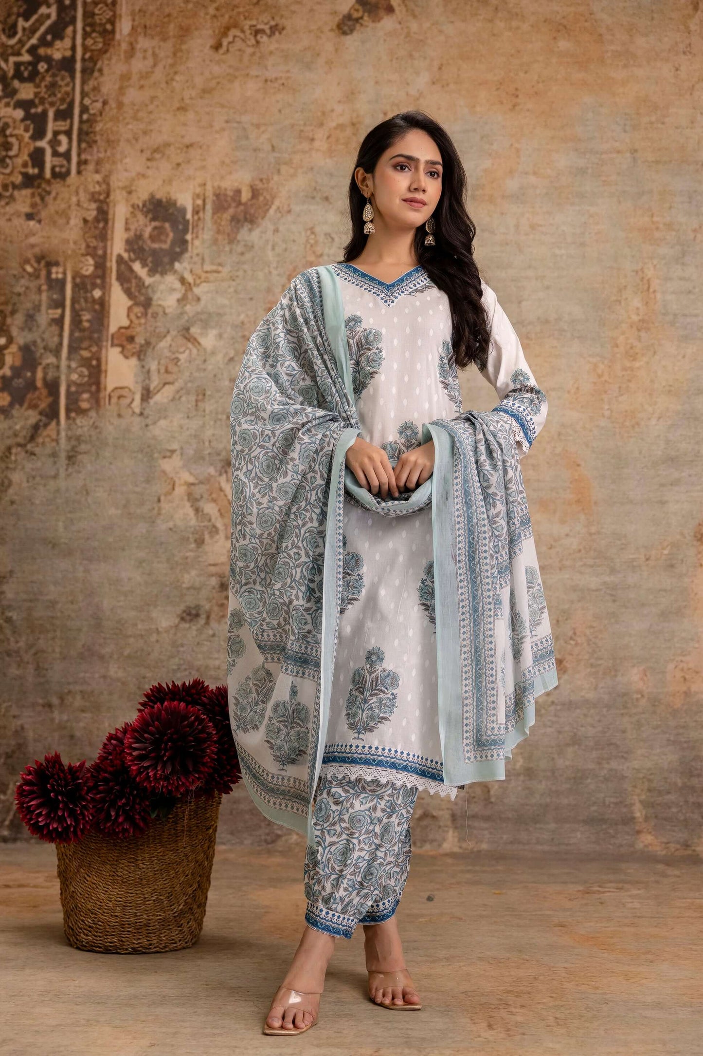 White Cotton Kurta Set with Sky Blue Floral Print and Dupatta - Naticraft