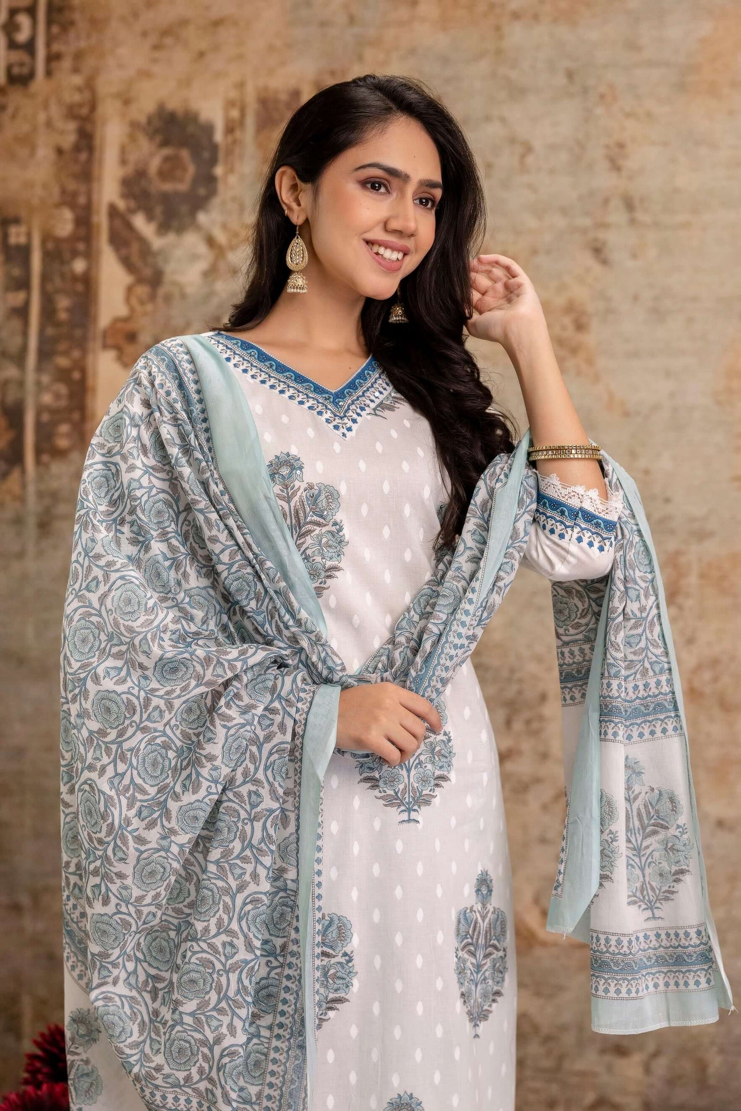 White Cotton Kurta Set with Sky Blue Floral Print and Dupatta - Naticraft