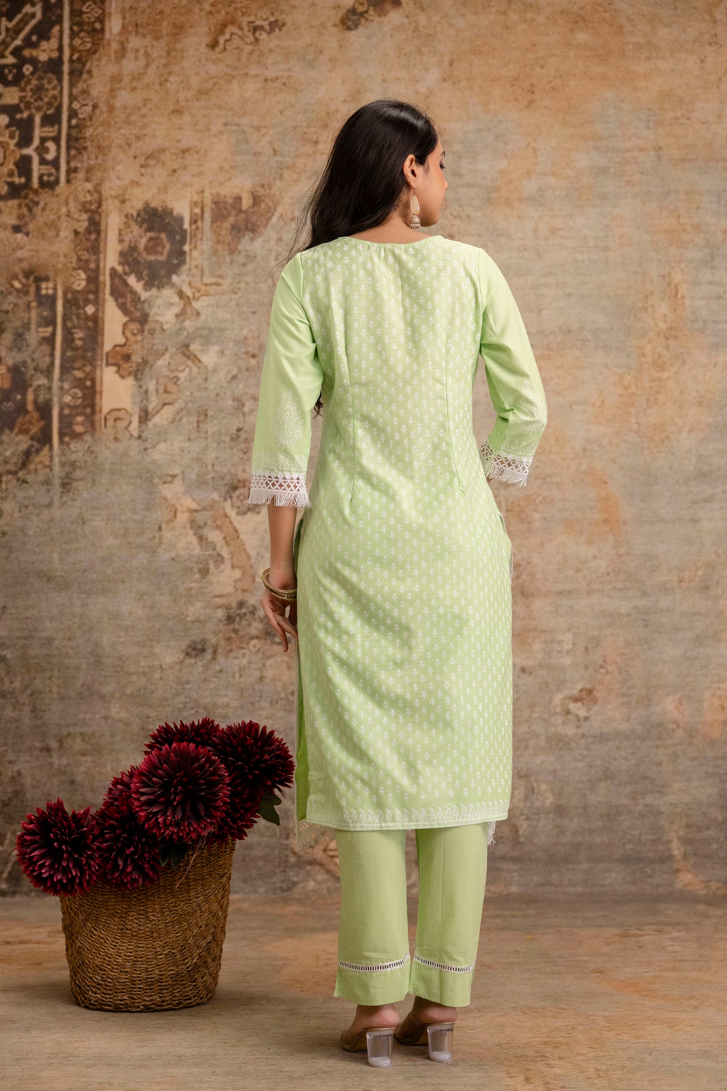 Women’s Cotton Embroidered Kurta Set with Dupatta – Light Green Ethnic Suit Set - Naticraft