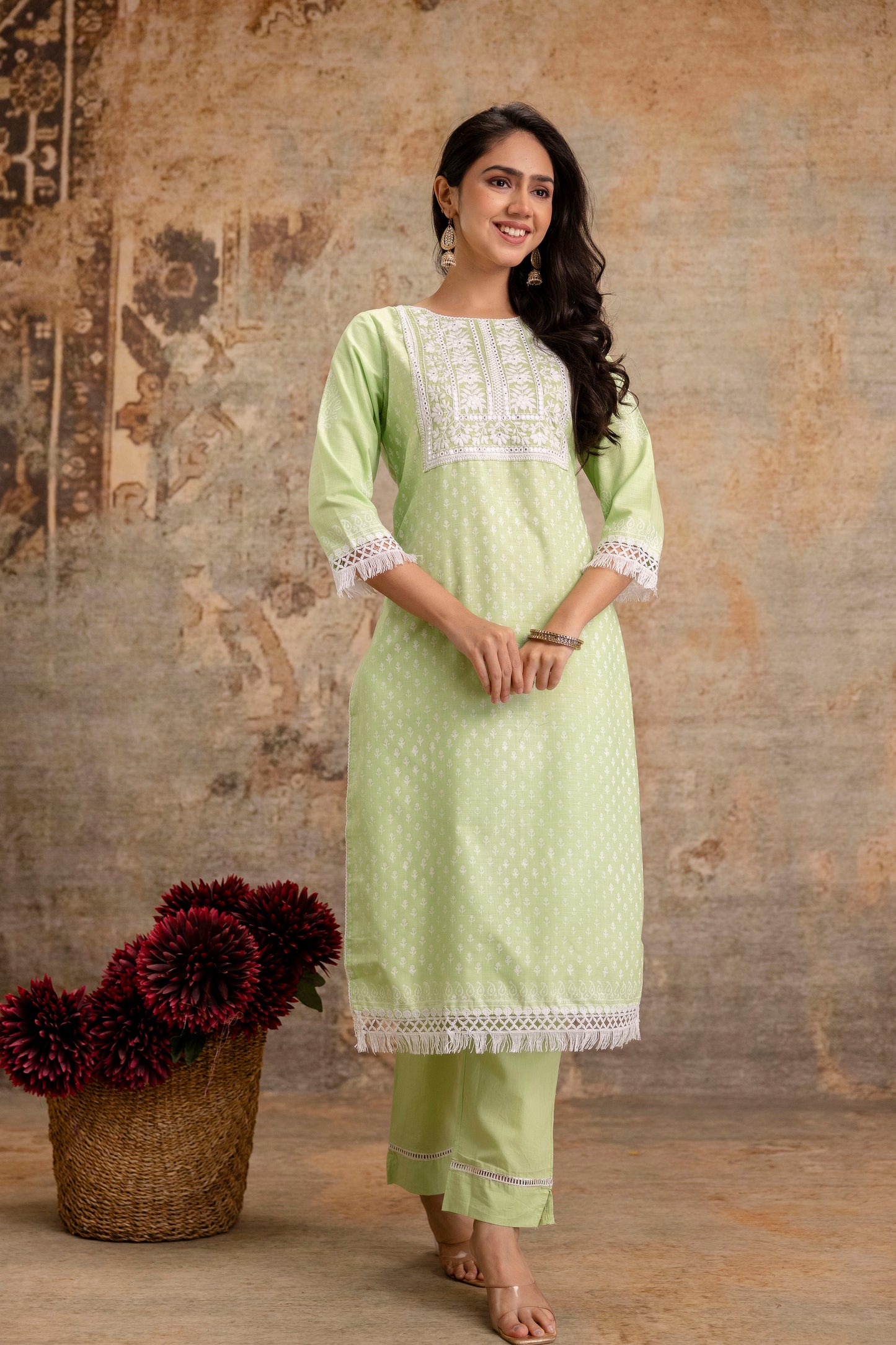 Women’s Cotton Embroidered Kurta Set with Dupatta – Light Green Ethnic Suit Set - Naticraft