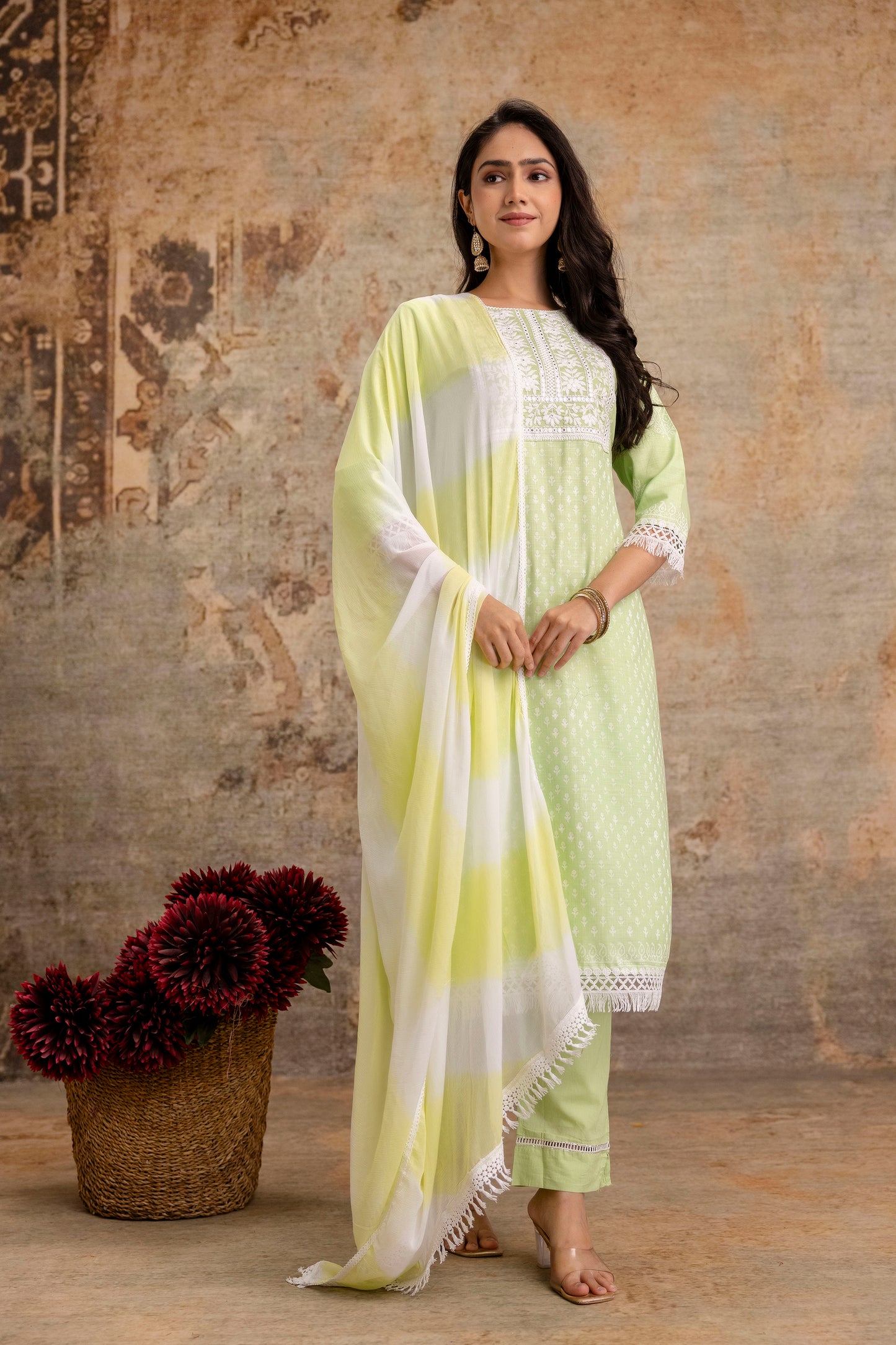 Women’s Cotton Embroidered Kurta Set with Dupatta – Light Green Ethnic Suit Set - Naticraft