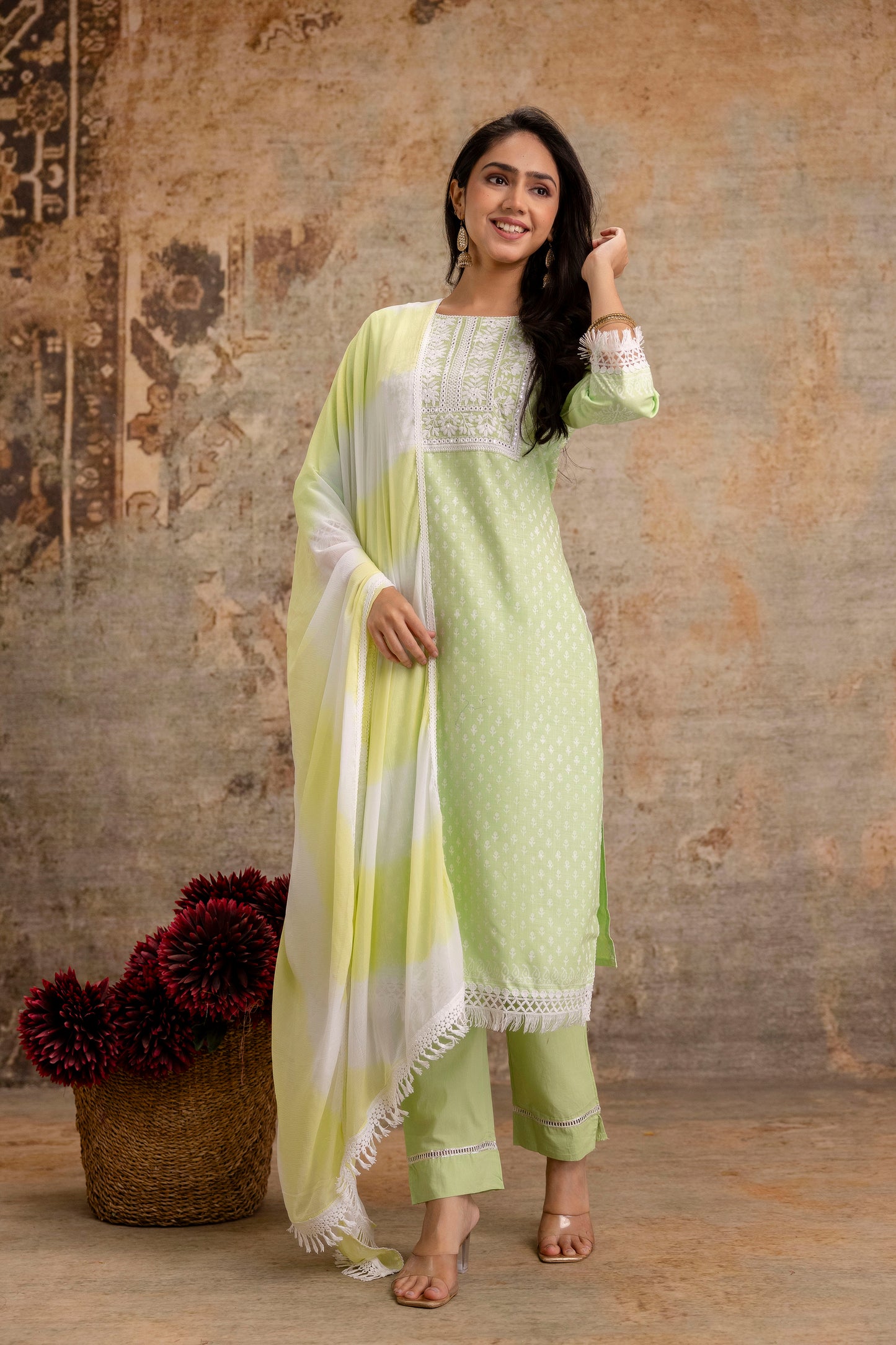 Women’s Cotton Embroidered Kurta Set with Dupatta – Light Green Ethnic Suit Set - Naticraft
