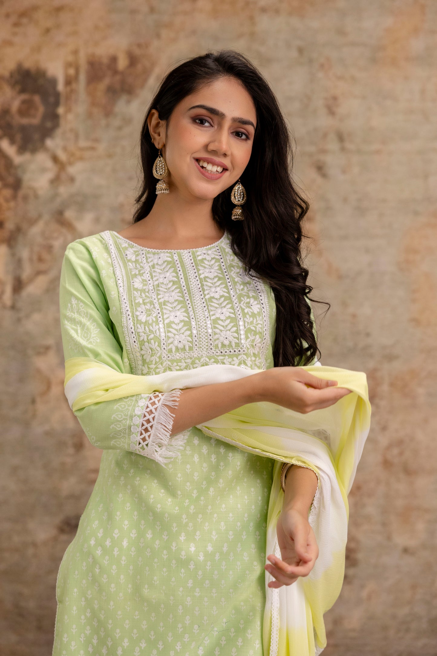 Women’s Cotton Embroidered Kurta Set with Dupatta – Light Green Ethnic Suit Set - Naticraft