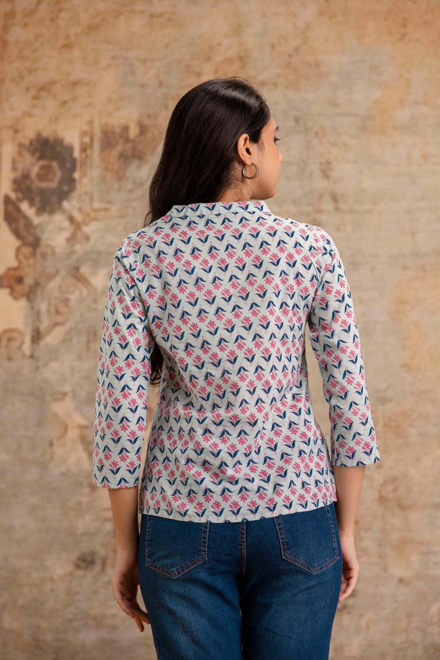 Floral Printed Casual Cotton Top for Women - Pastel Blue Base - Naticraft