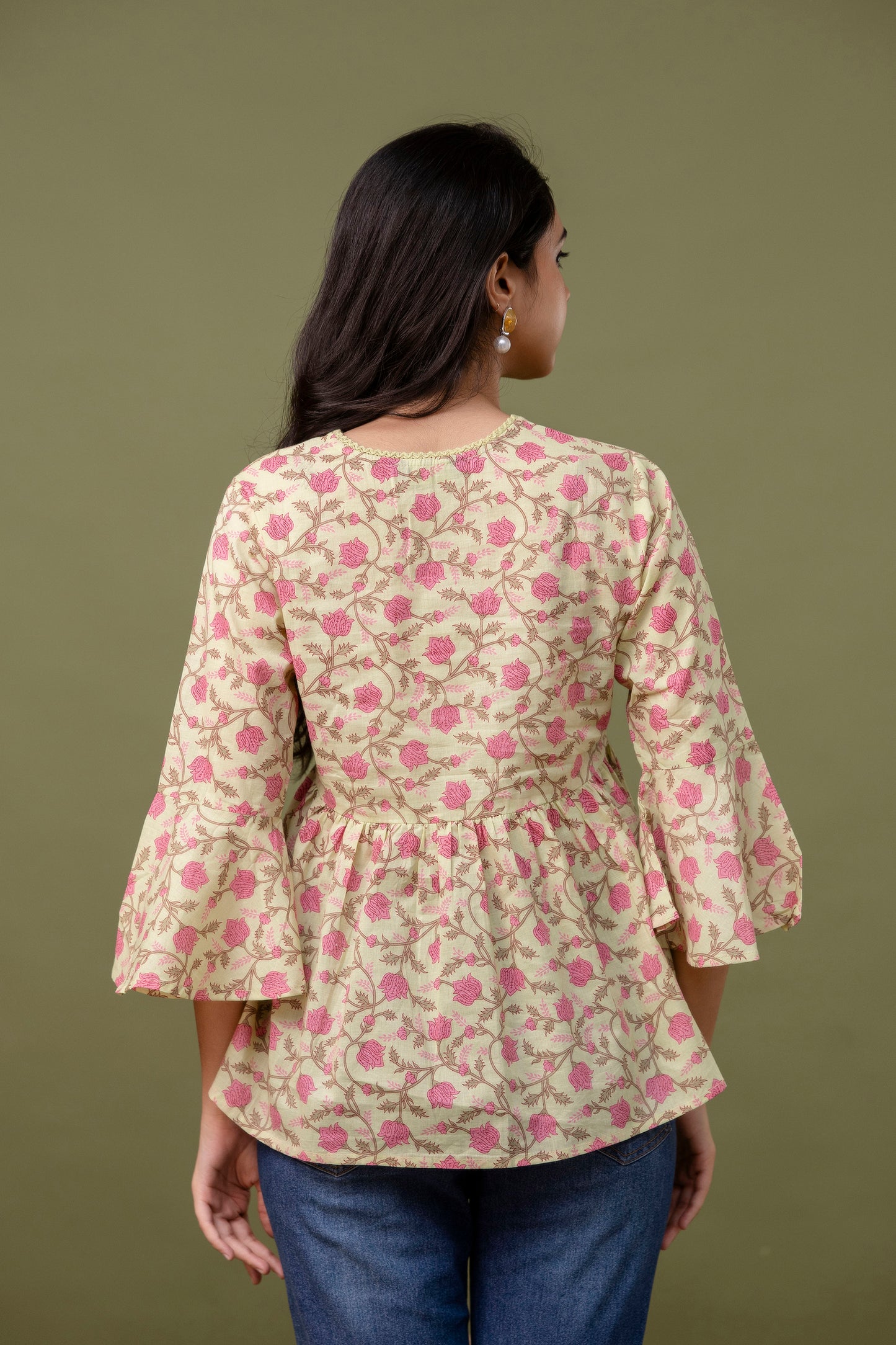 Women's Printed Cotton Peplum Top – Flared Sleeves, V-Neck, Casual Ethnic Top - Naticraft