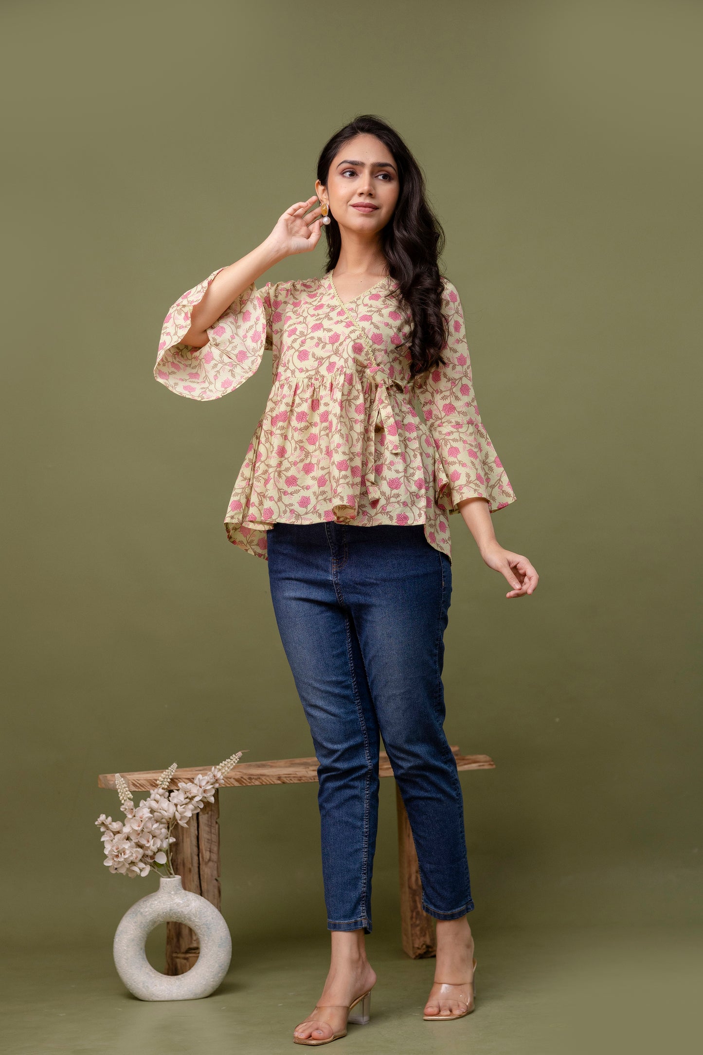 Women's Printed Cotton Peplum Top – Flared Sleeves, V-Neck, Casual Ethnic Top - Naticraft