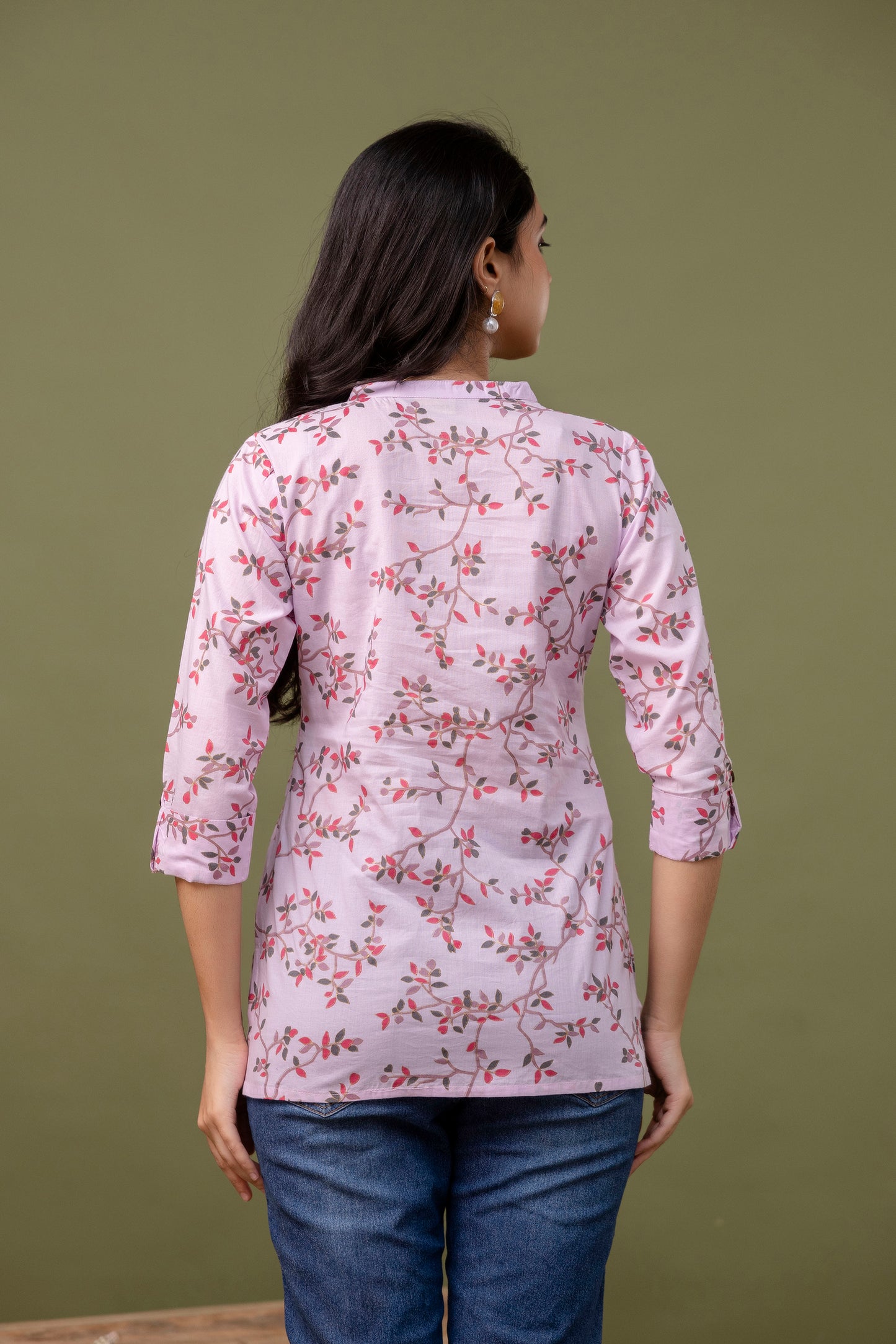 Women's Pink Floral Cotton Top with Mandarin Collar - Naticraft