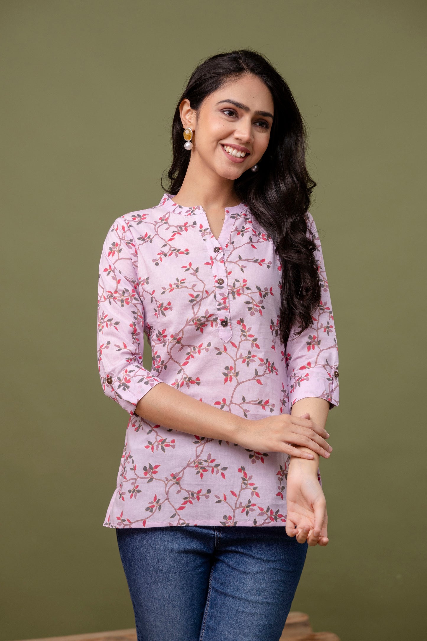 Women's Pink Floral Cotton Top with Mandarin Collar - Naticraft