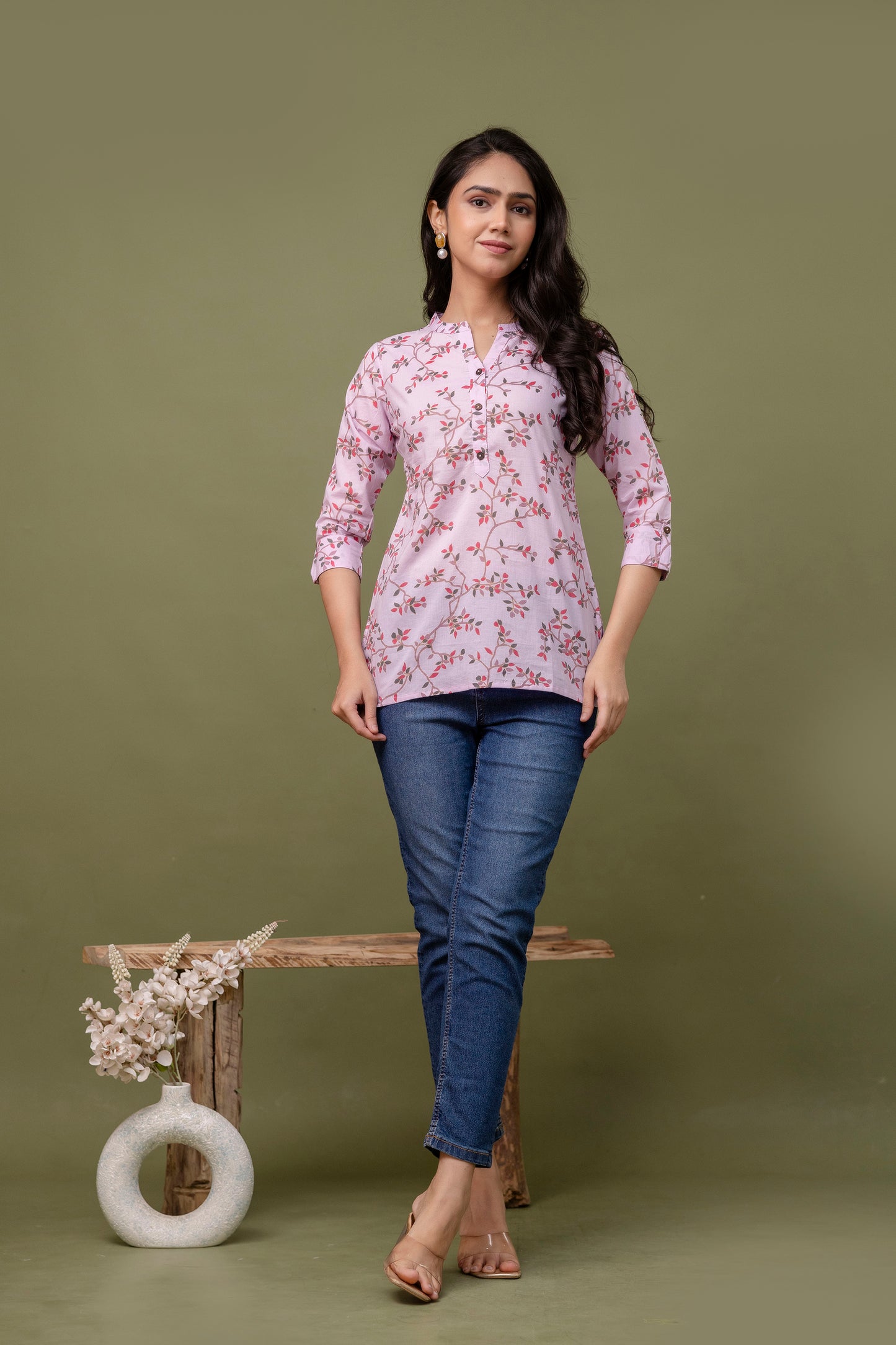 Women's Pink Floral Cotton Top with Mandarin Collar - Naticraft