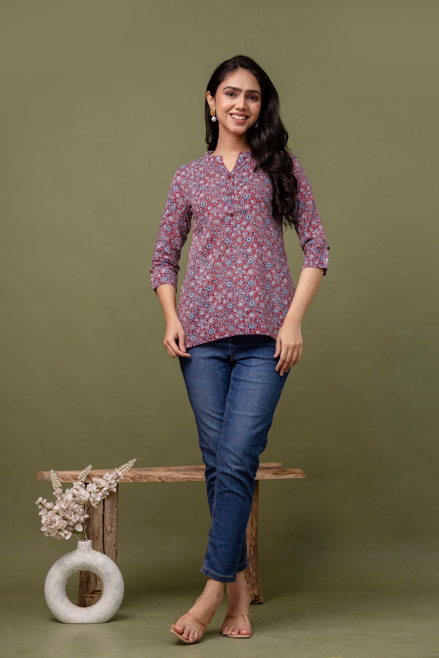 Navy Blue & Red Printed Cotton Short Top for Women - Naticraft