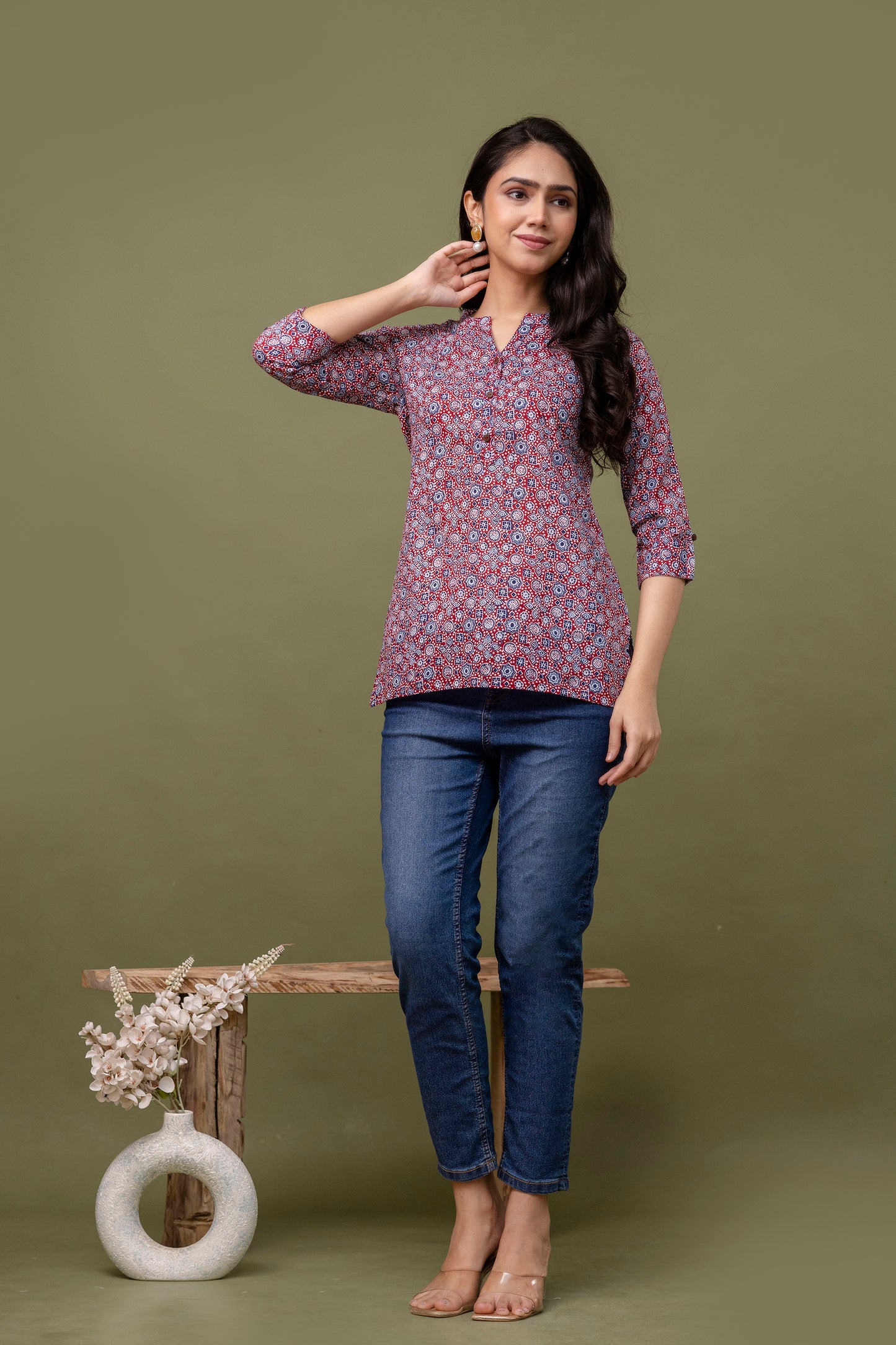 Navy Blue & Red Printed Cotton Short Top for Women - Naticraft