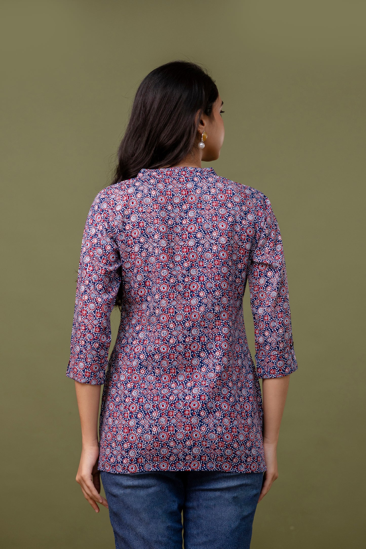 Navy Blue & Red Printed Cotton Short Top for Women - Naticraft