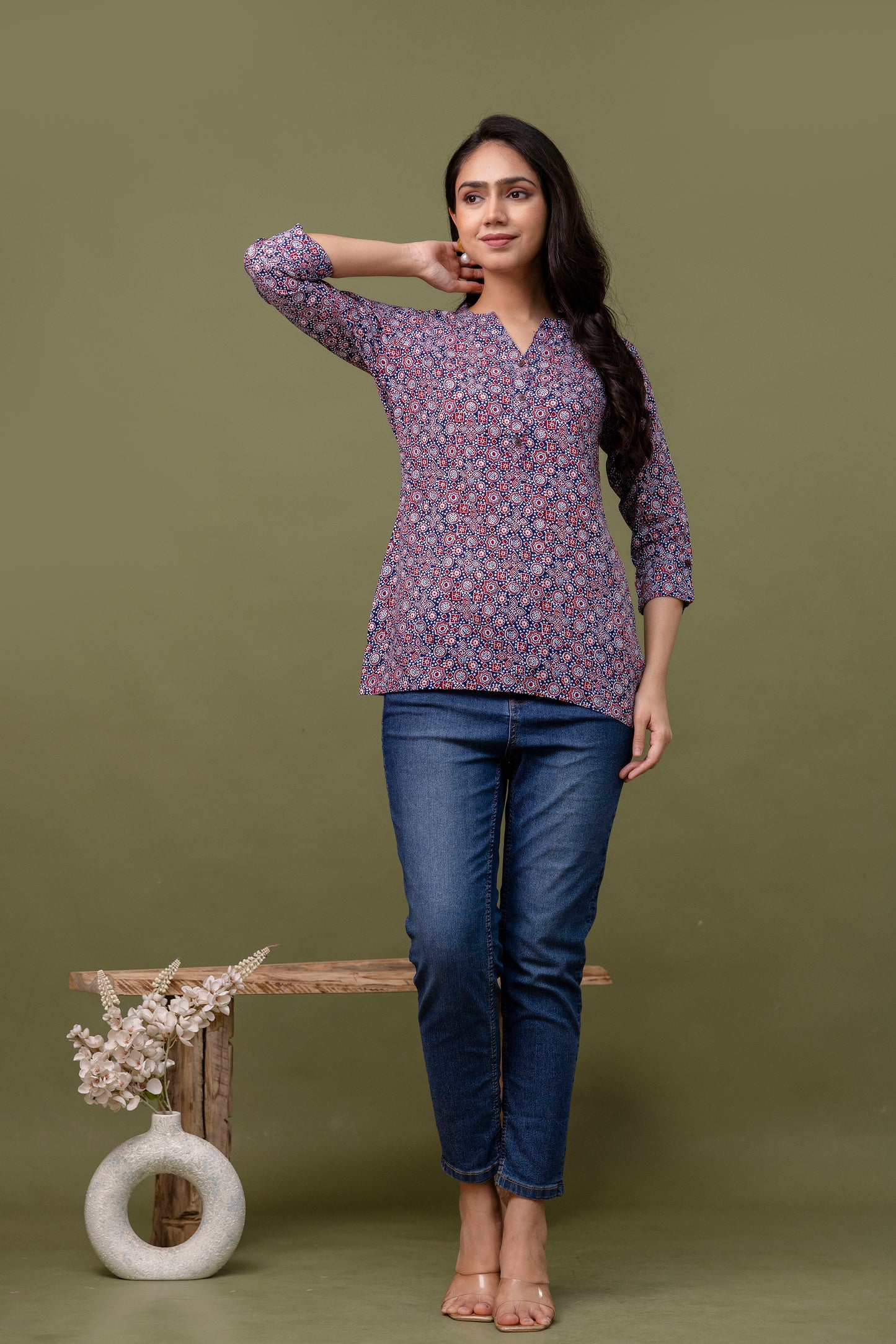Navy Blue & Red Printed Cotton Short Top for Women - Naticraft