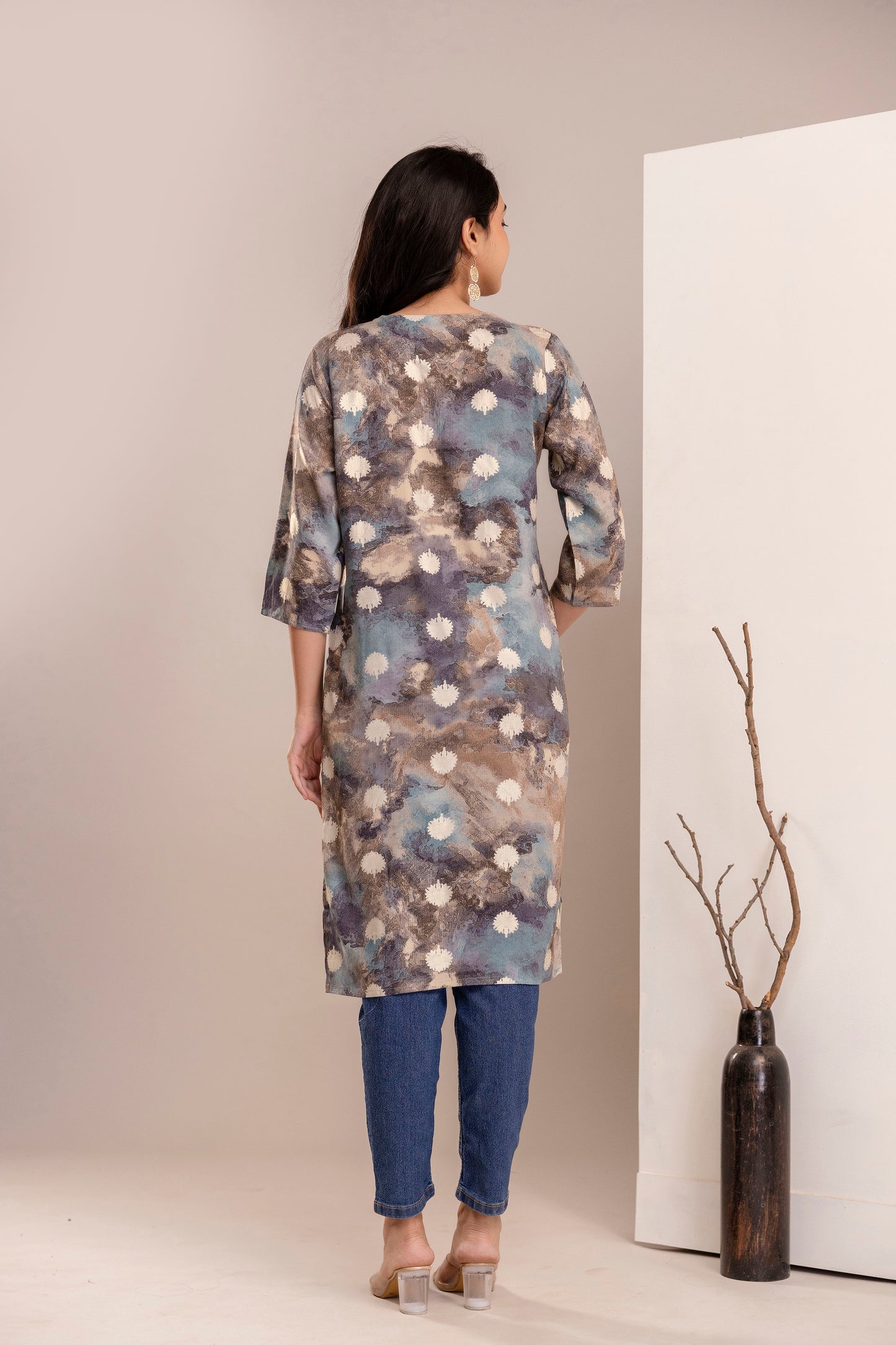 Elegant Abstract Printed Straight Kurta for Women - Rust & Blue Shades - Naticraft