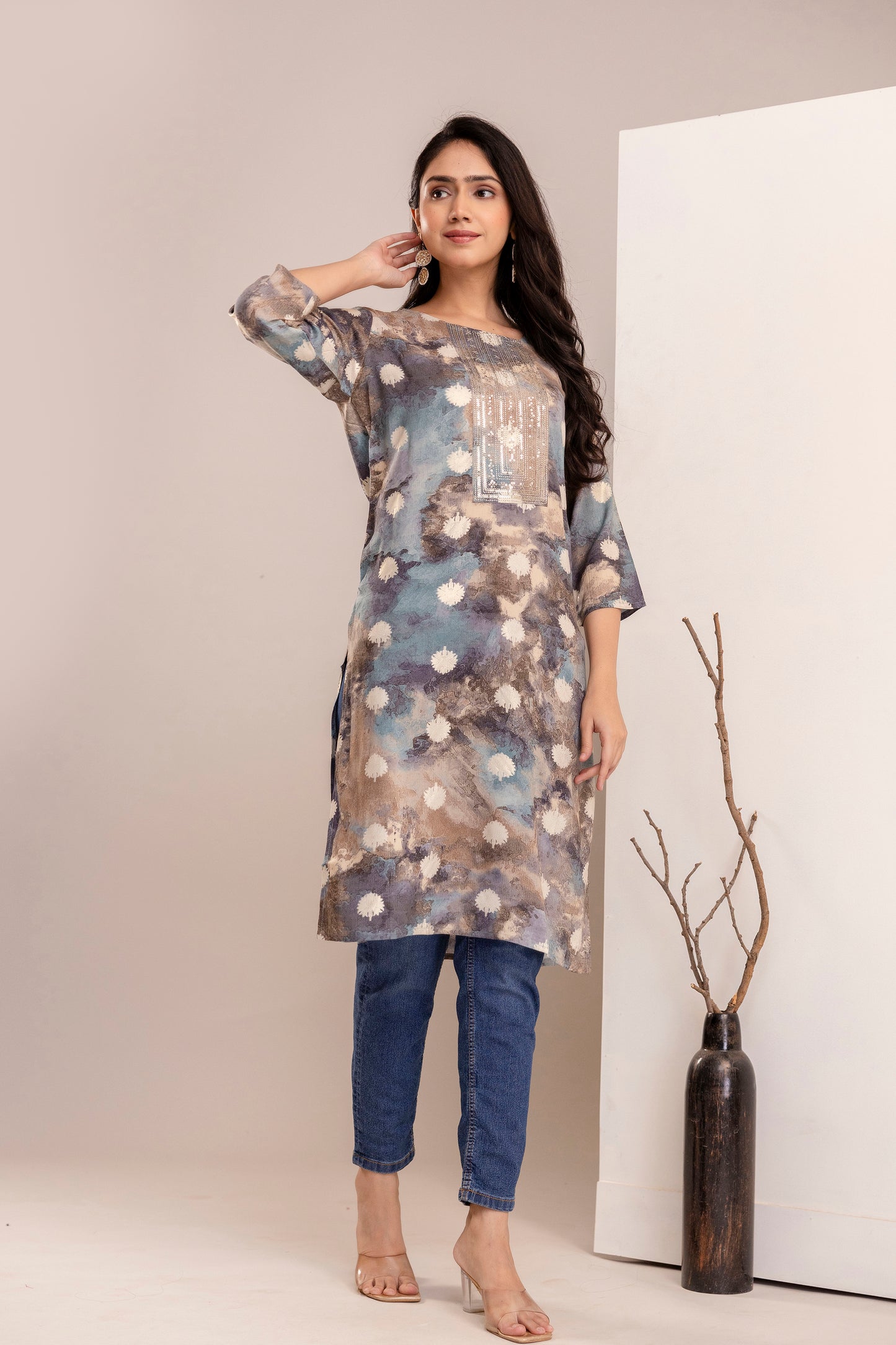 Elegant Abstract Printed Straight Kurta for Women - Rust & Blue Shades - Naticraft