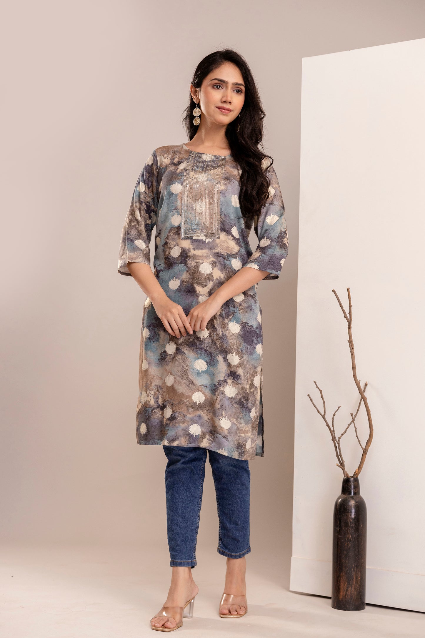 Elegant Abstract Printed Straight Kurta for Women - Rust & Blue Shades - Naticraft
