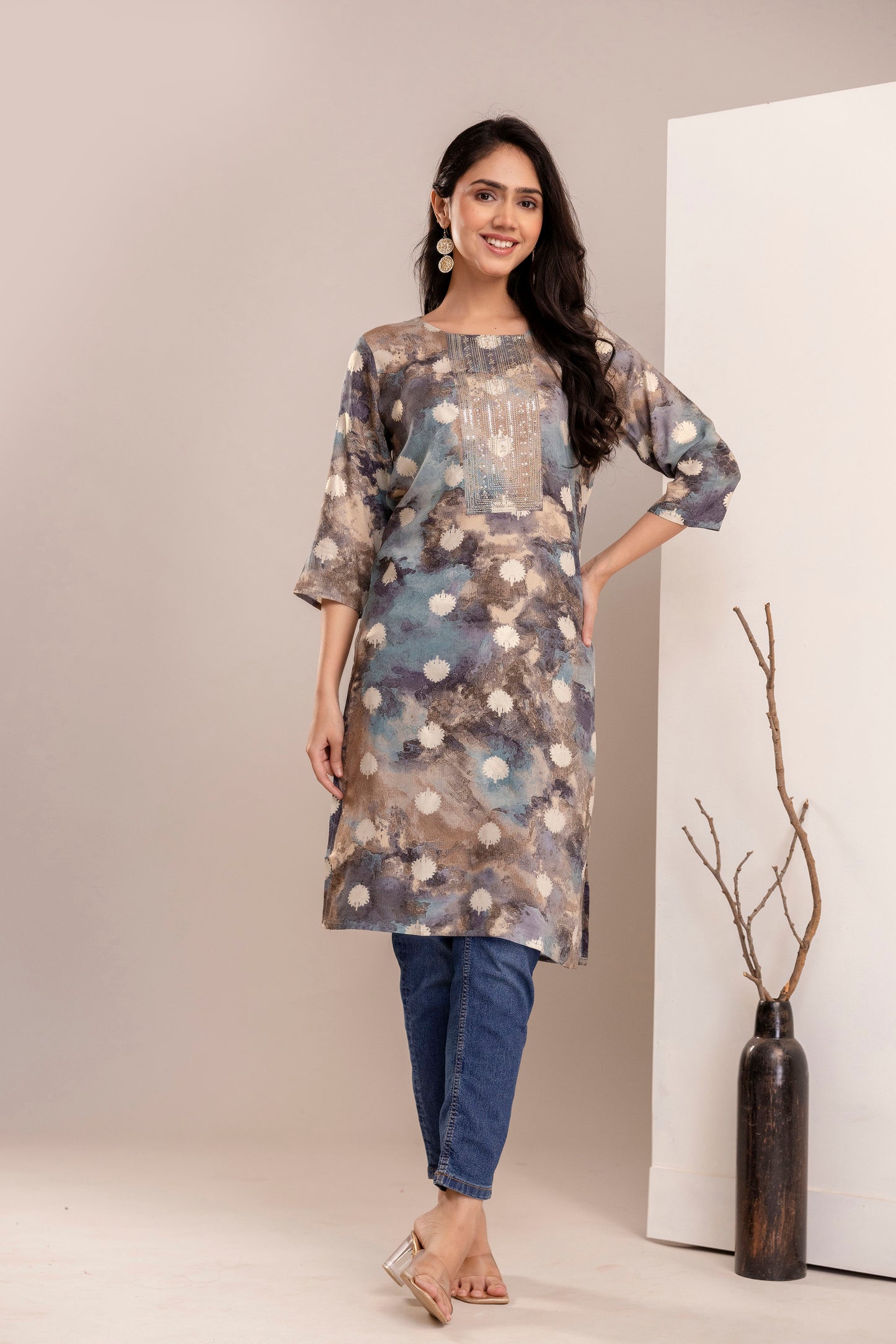 Elegant Abstract Printed Straight Kurta for Women - Rust & Blue Shades - Naticraft