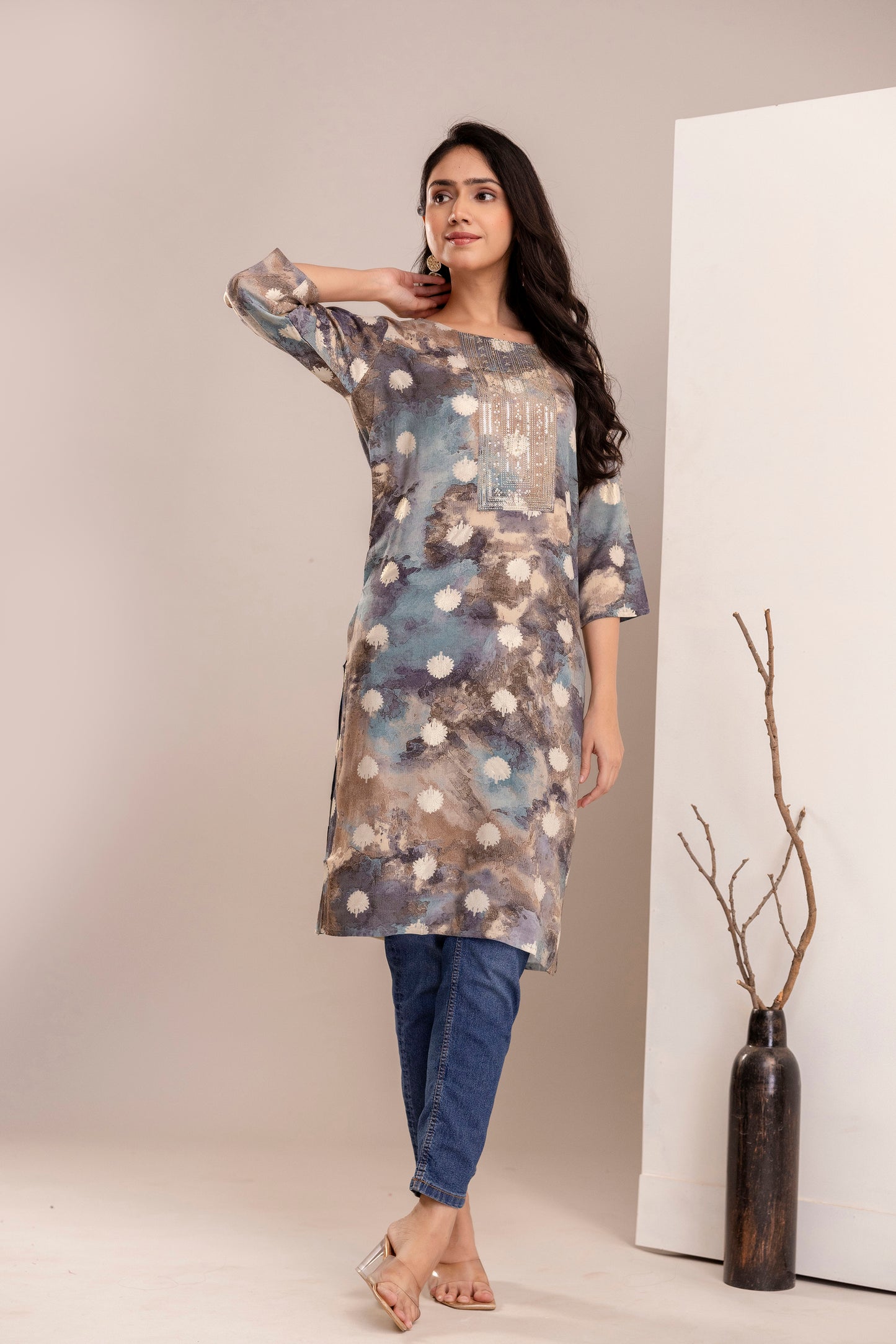 Elegant Abstract Printed Straight Kurta for Women - Rust & Blue Shades - Naticraft