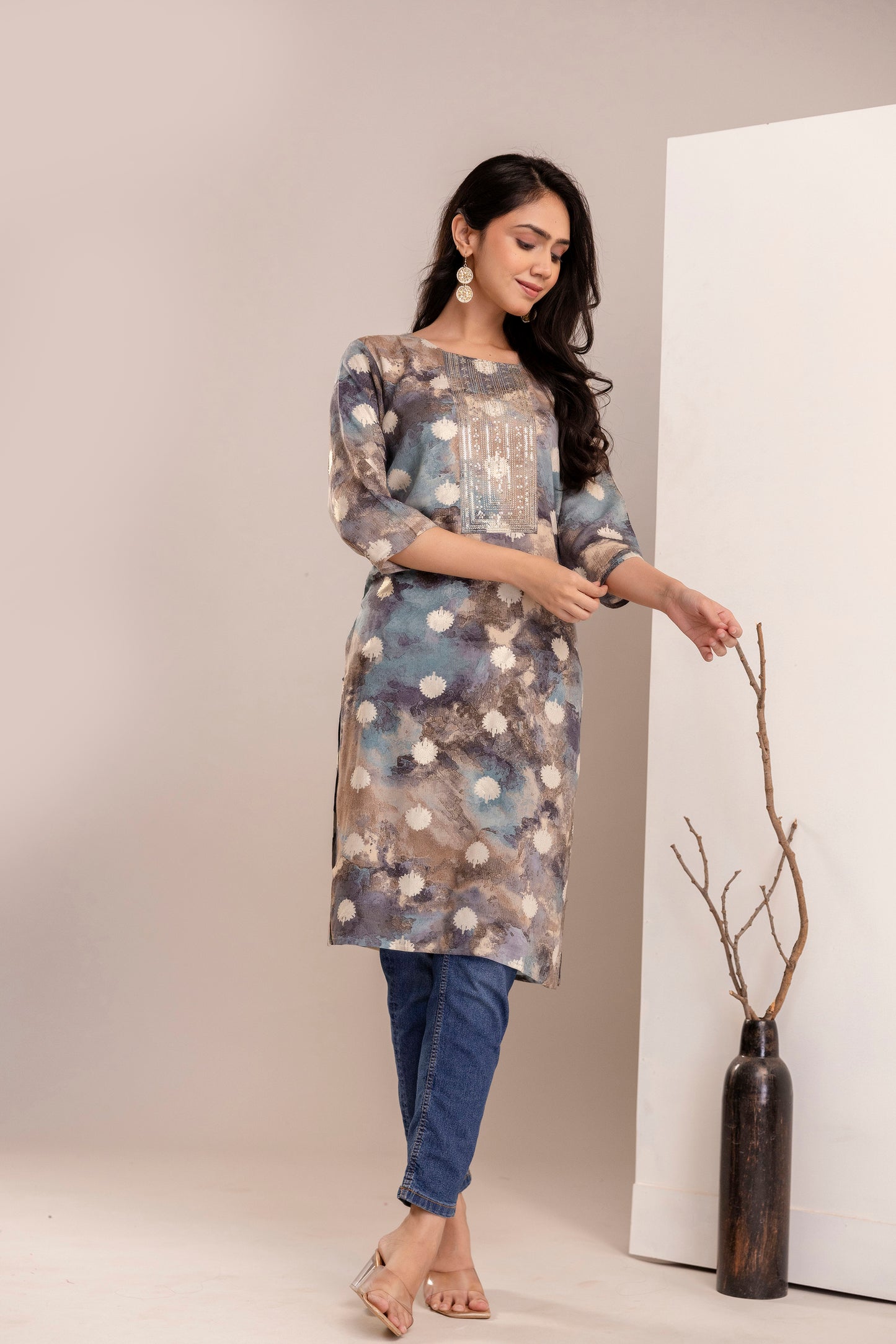 Elegant Abstract Printed Straight Kurta for Women - Rust & Blue Shades - Naticraft