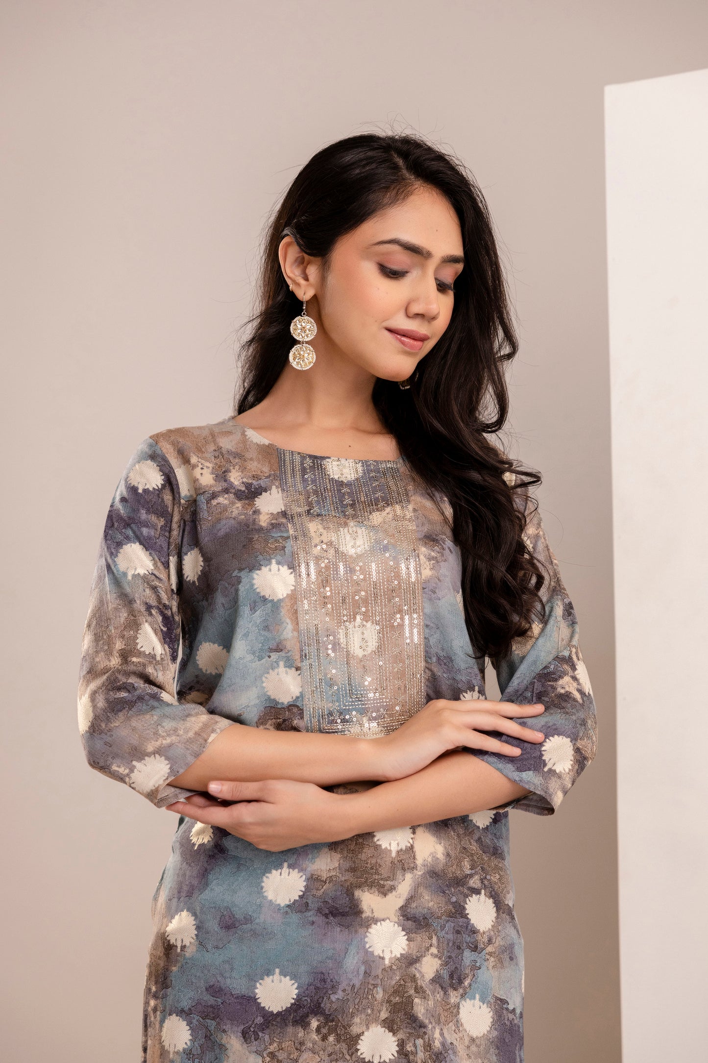 Elegant Abstract Printed Straight Kurta for Women - Rust & Blue Shades - Naticraft
