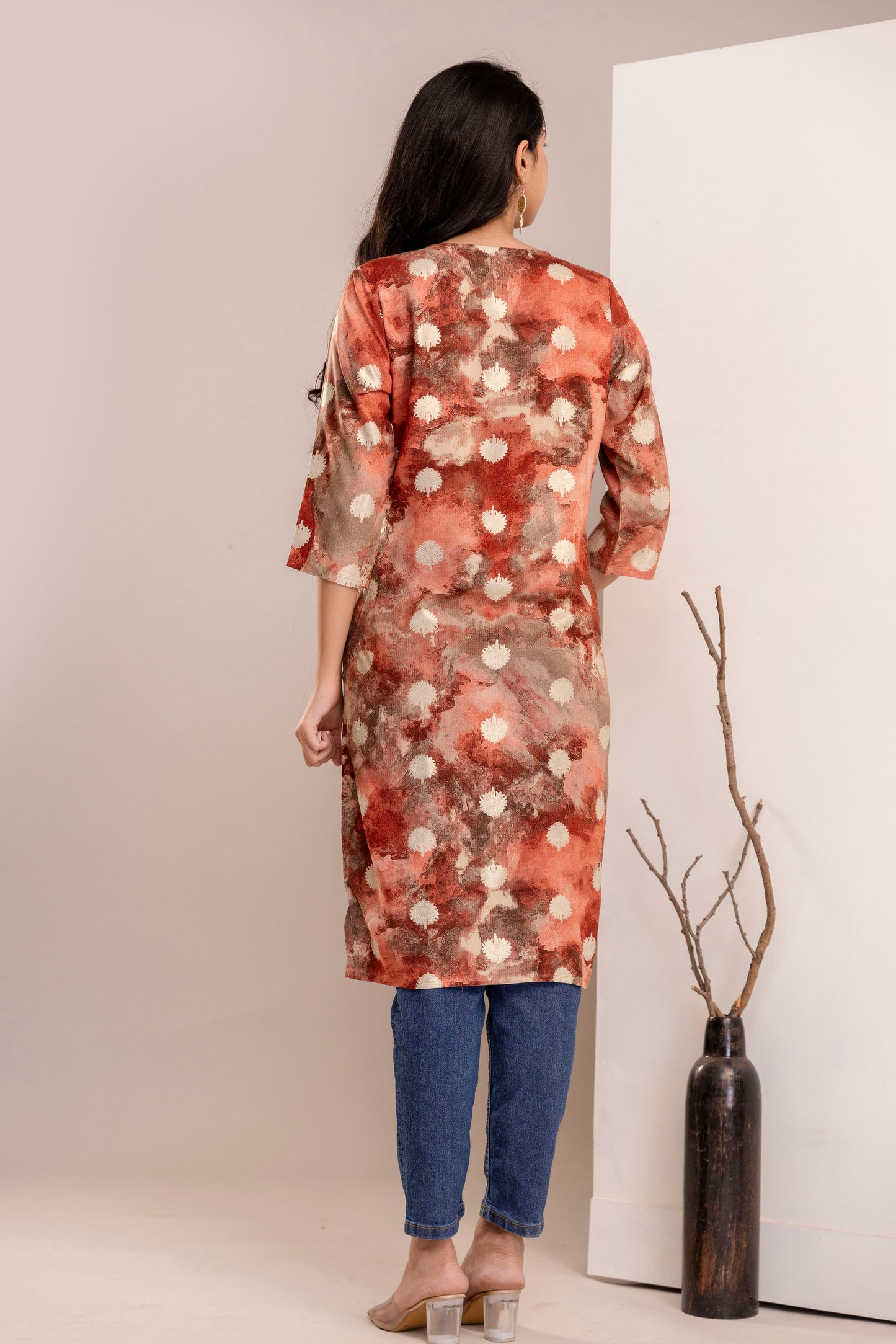 Elegant Abstract Printed Straight Kurta for Women - Rust & Blue Shades - Naticraft
