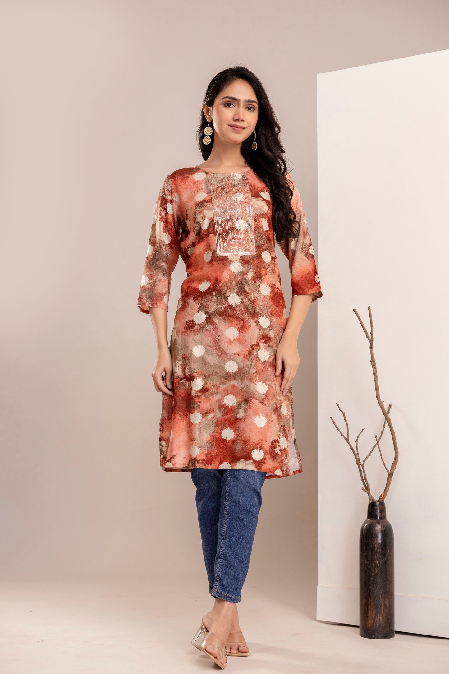 Elegant Abstract Printed Straight Kurta for Women - Rust & Blue Shades - Naticraft