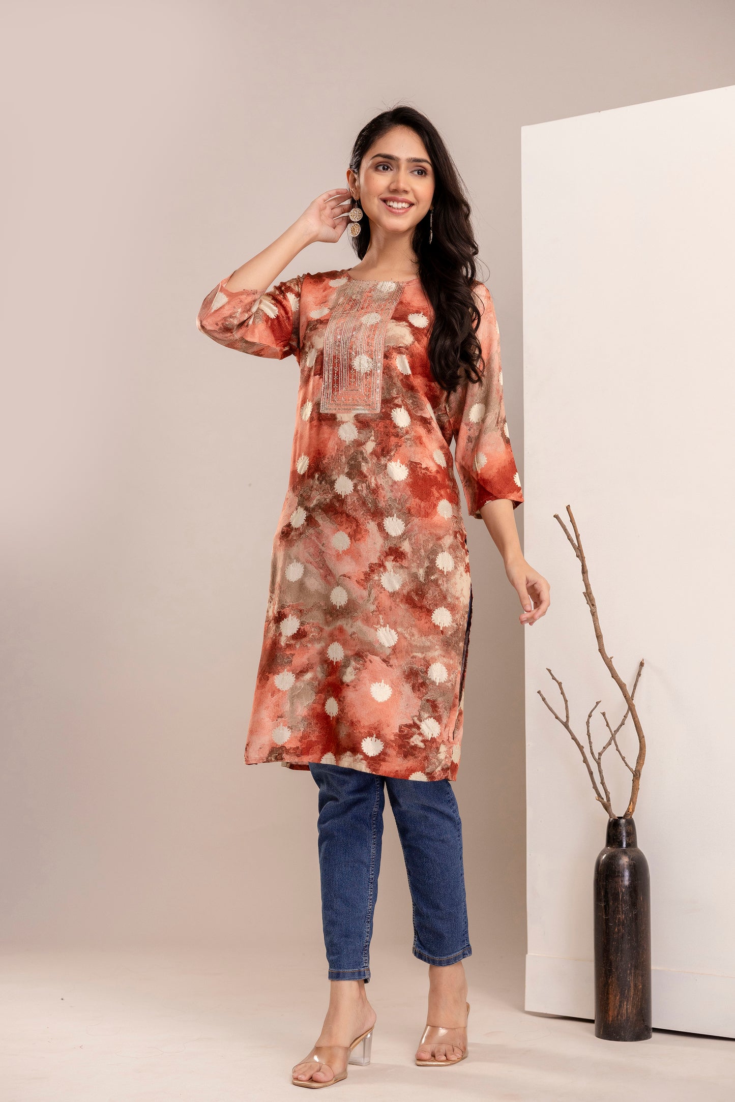 Elegant Abstract Printed Straight Kurta for Women - Rust & Blue Shades - Naticraft