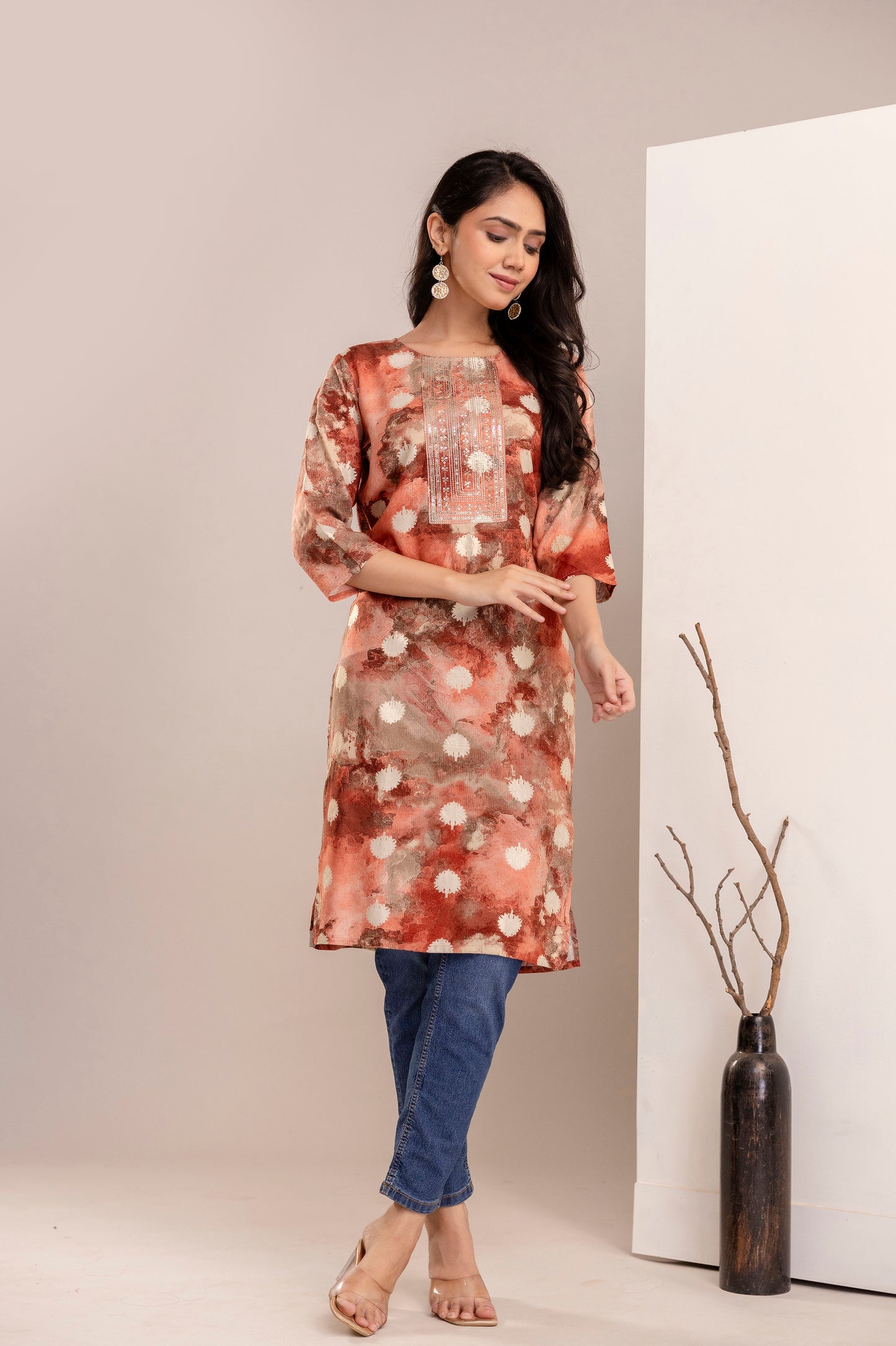 Elegant Abstract Printed Straight Kurta for Women - Rust & Blue Shades - Naticraft