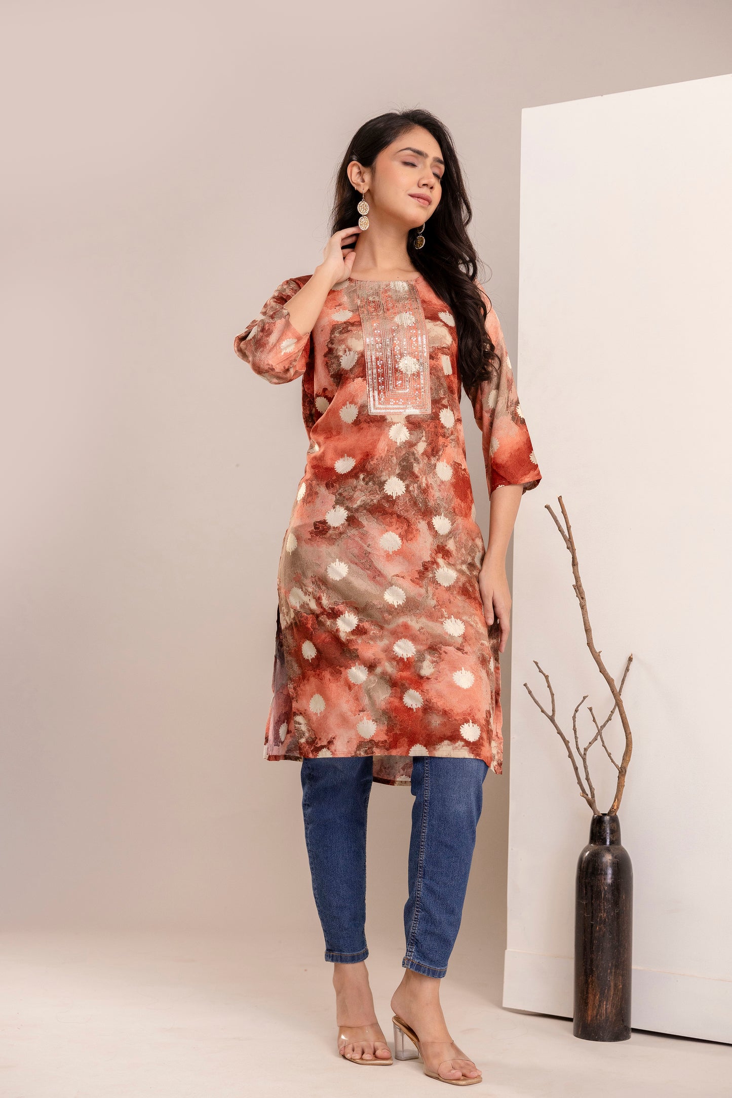 Elegant Abstract Printed Straight Kurta for Women - Rust & Blue Shades - Naticraft