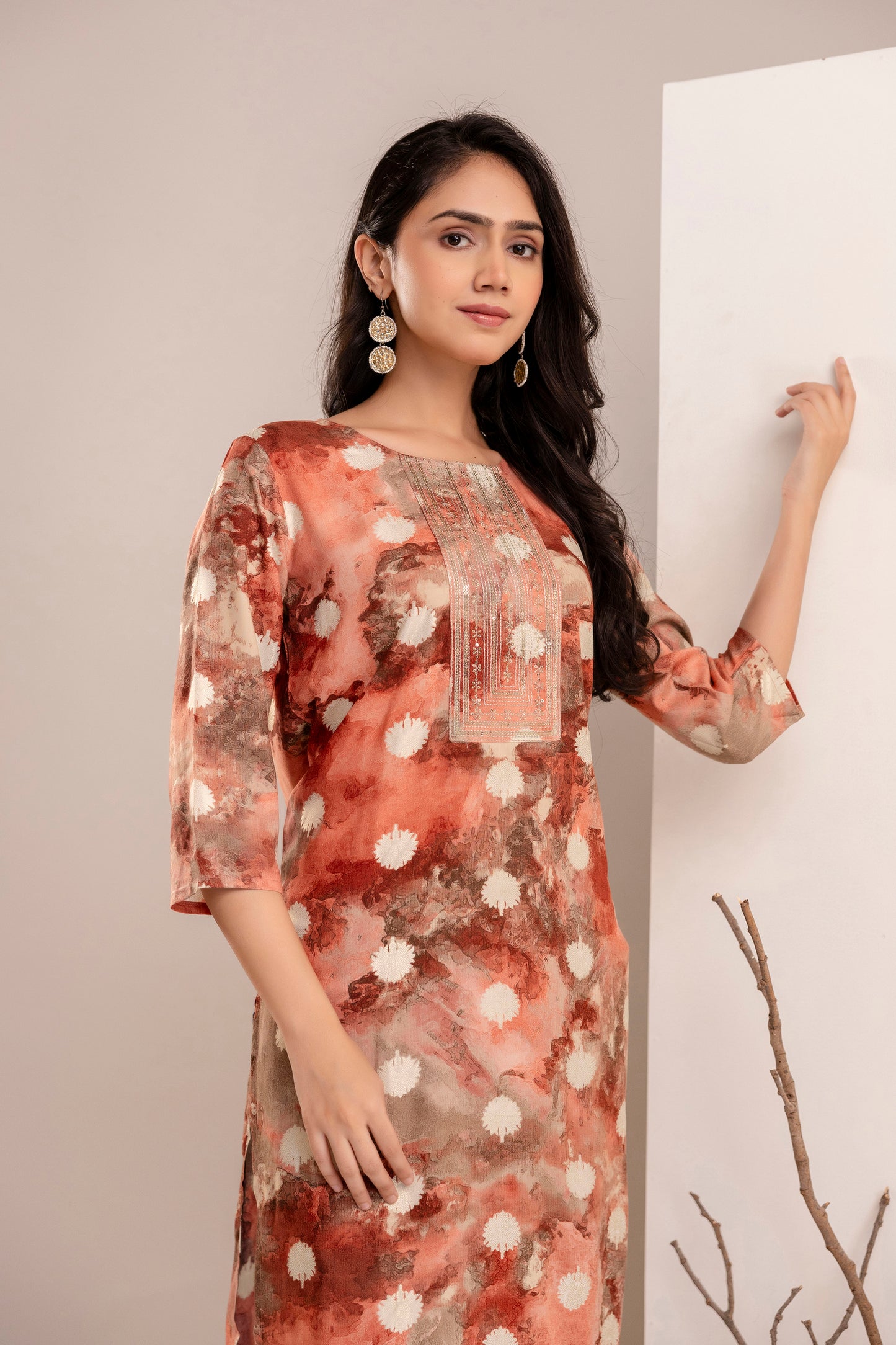 Elegant Abstract Printed Straight Kurta for Women - Rust & Blue Shades - Naticraft