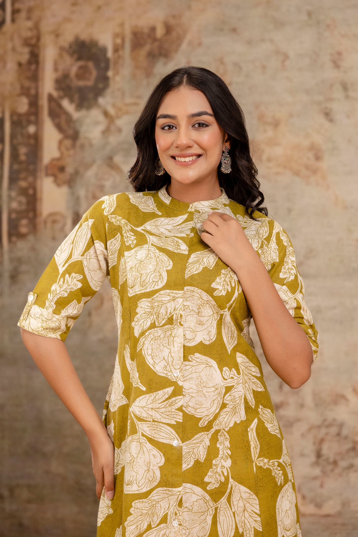 Elegant Off-White Printed A-Line Cotton Kurta with Front Button Detailing - Naticraft