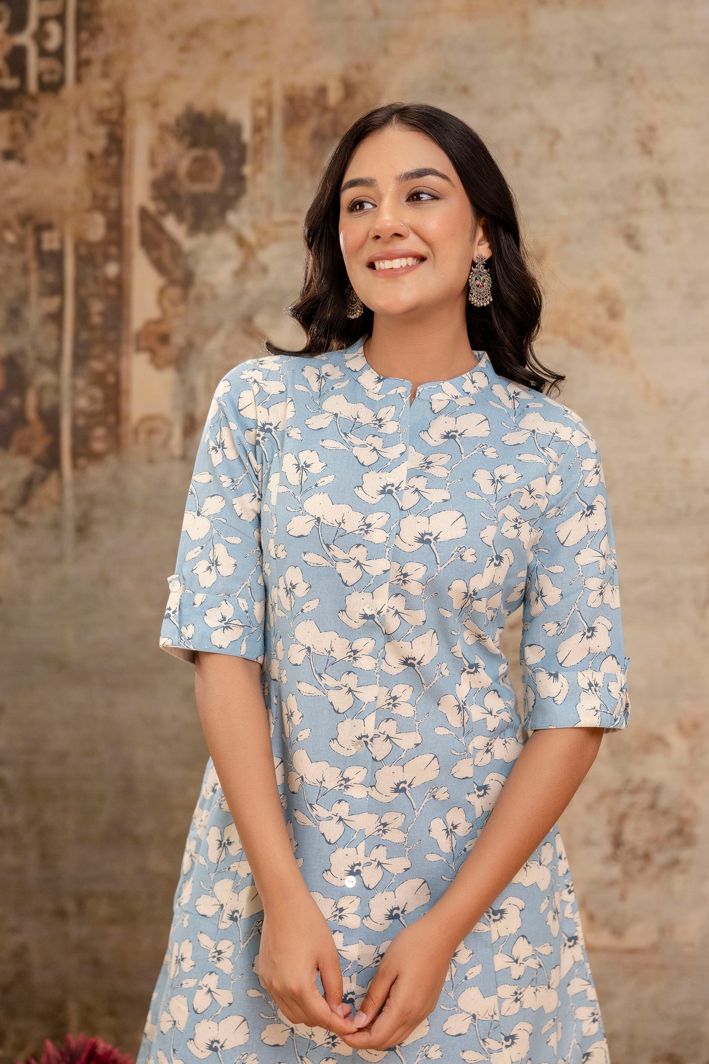 Elegant Off-White Printed A-Line Cotton Kurta with Front Button Detailing - Naticraft