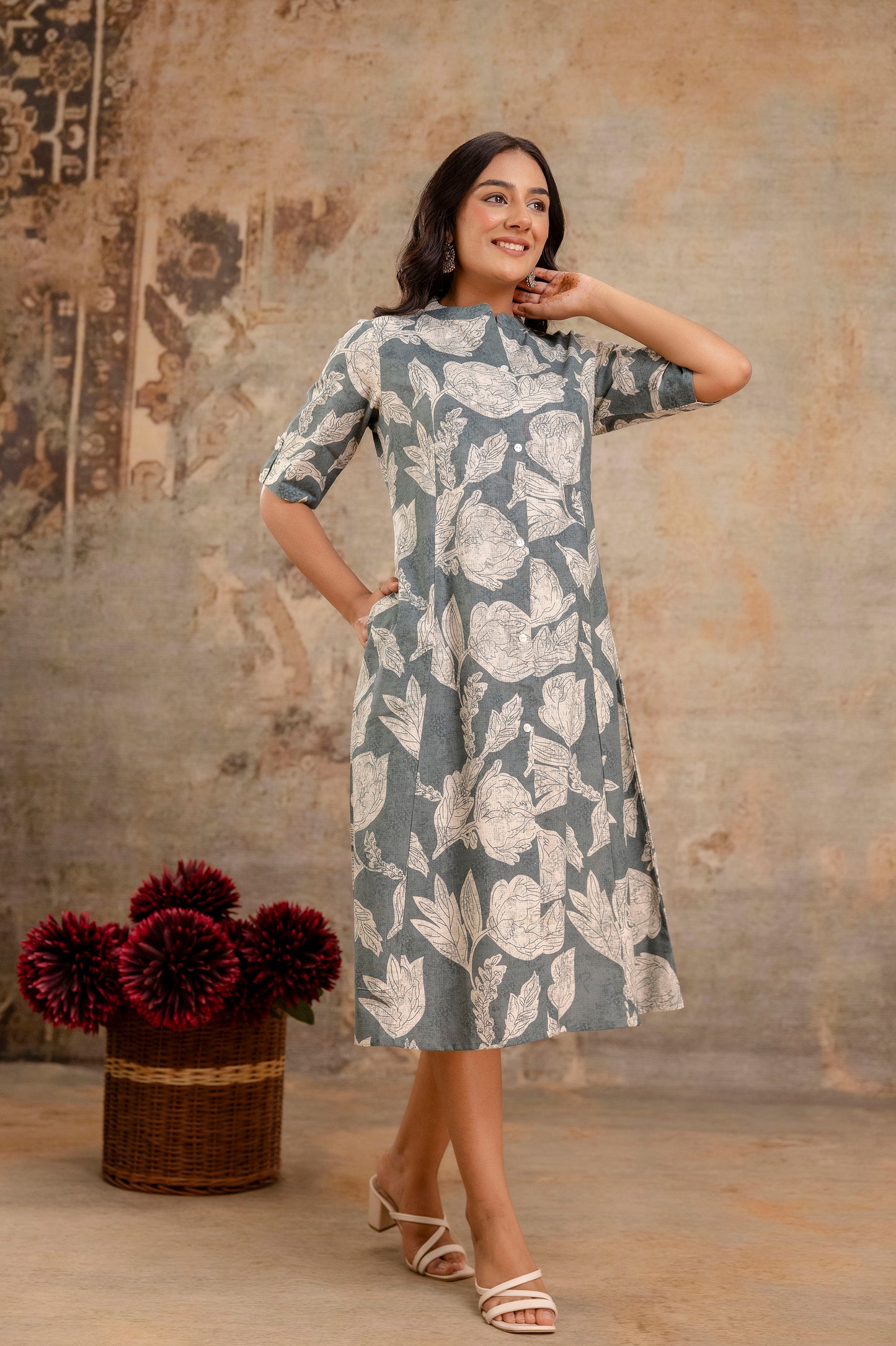 Elegant Off-White Printed A-Line Cotton Kurta with Front Button Detailing - Naticraft