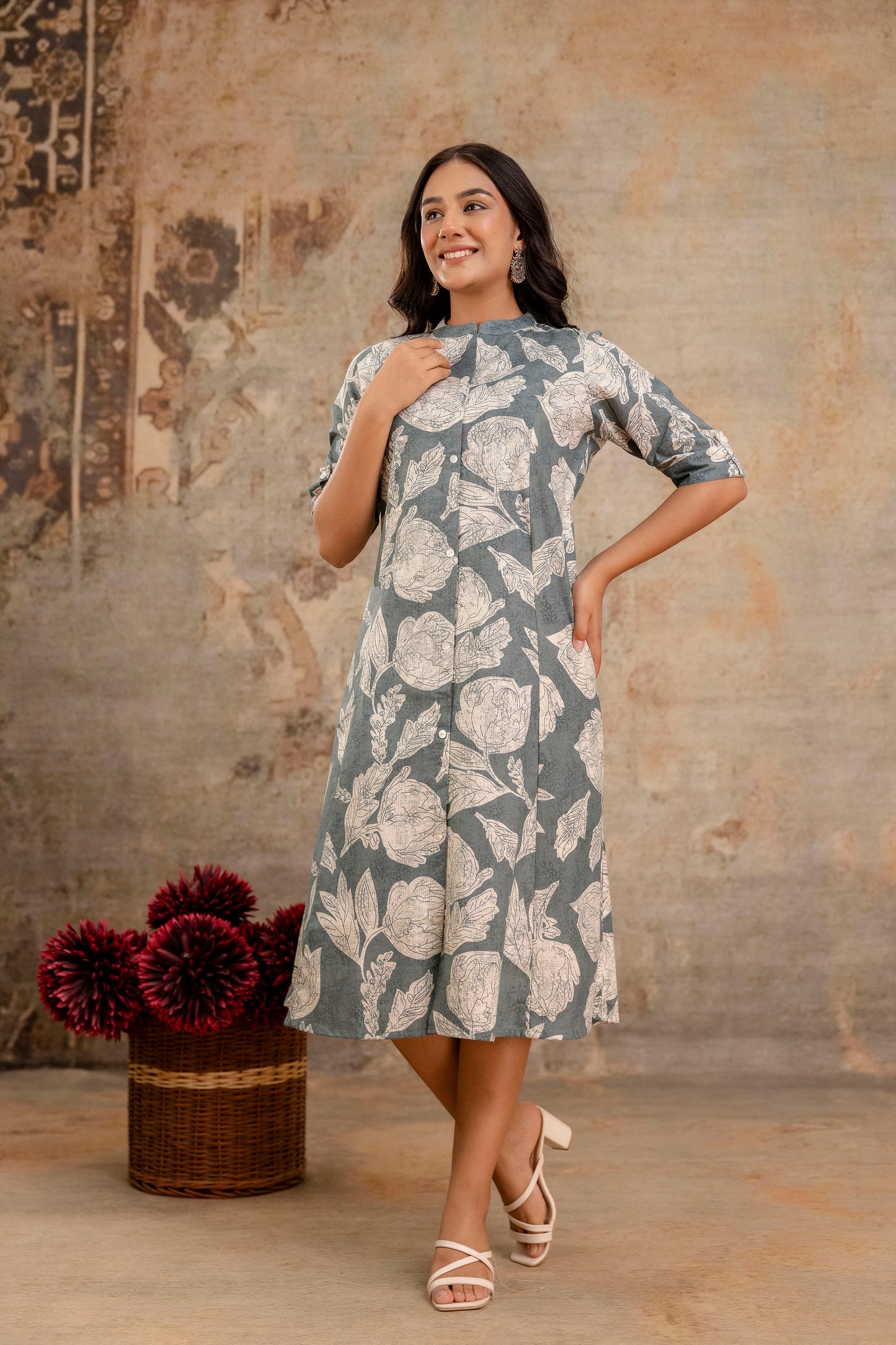 Elegant Off-White Printed A-Line Cotton Kurta with Front Button Detailing - Naticraft