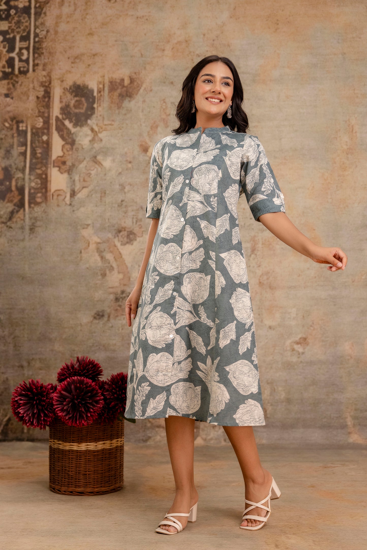 Elegant Off-White Printed A-Line Cotton Kurta with Front Button Detailing - Naticraft