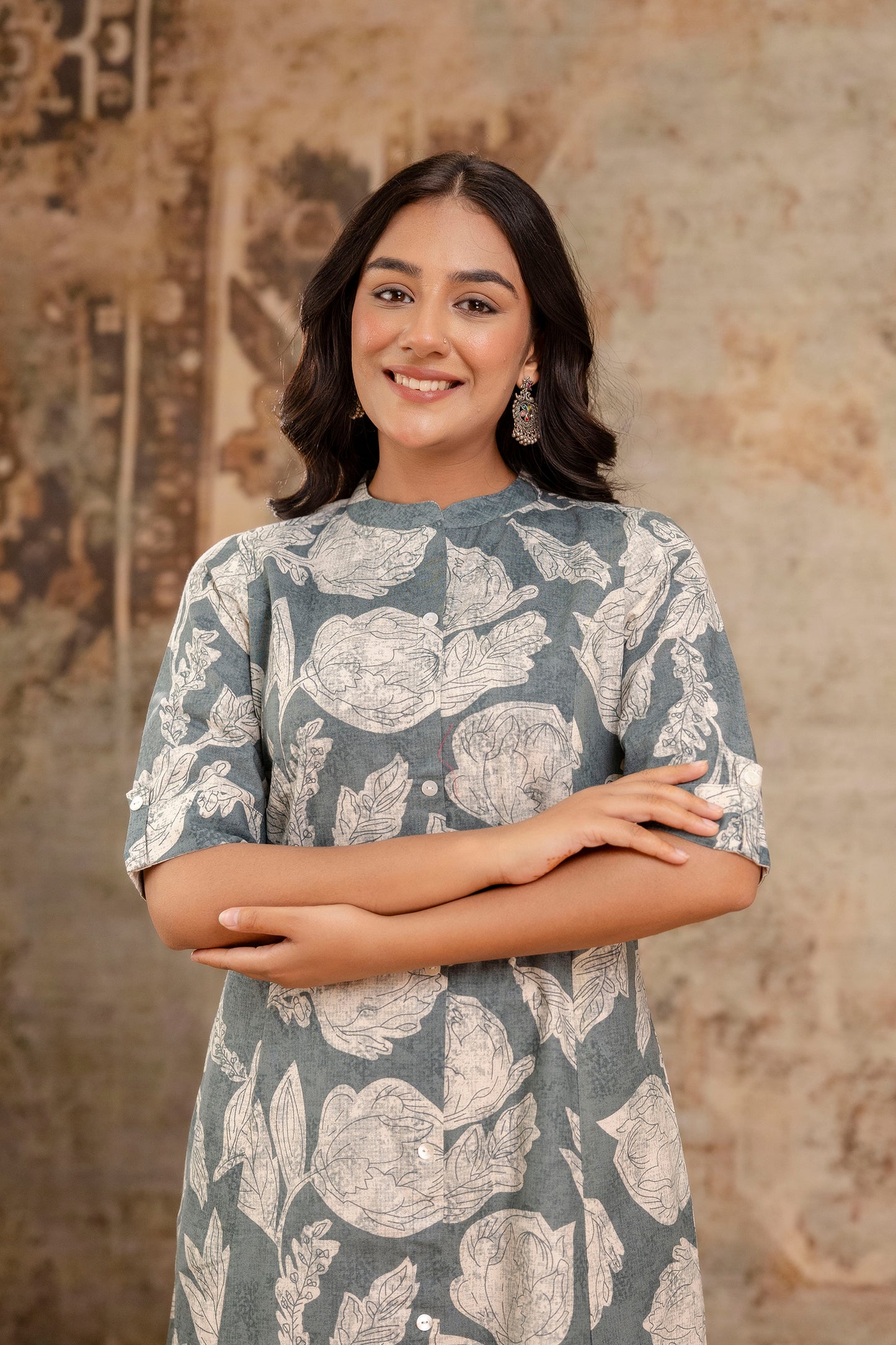 Elegant Off-White Printed A-Line Cotton Kurta with Front Button Detailing - Naticraft