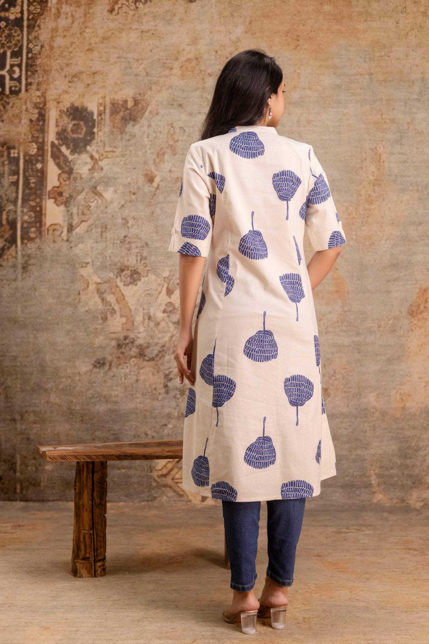 Elegant Off-White Printed A-Line Cotton Kurta with Front Button Detailing - Naticraft