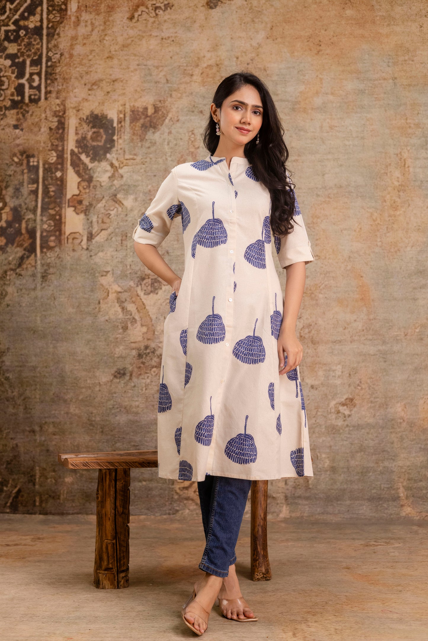Elegant Off-White Printed A-Line Cotton Kurta with Front Button Detailing - Naticraft