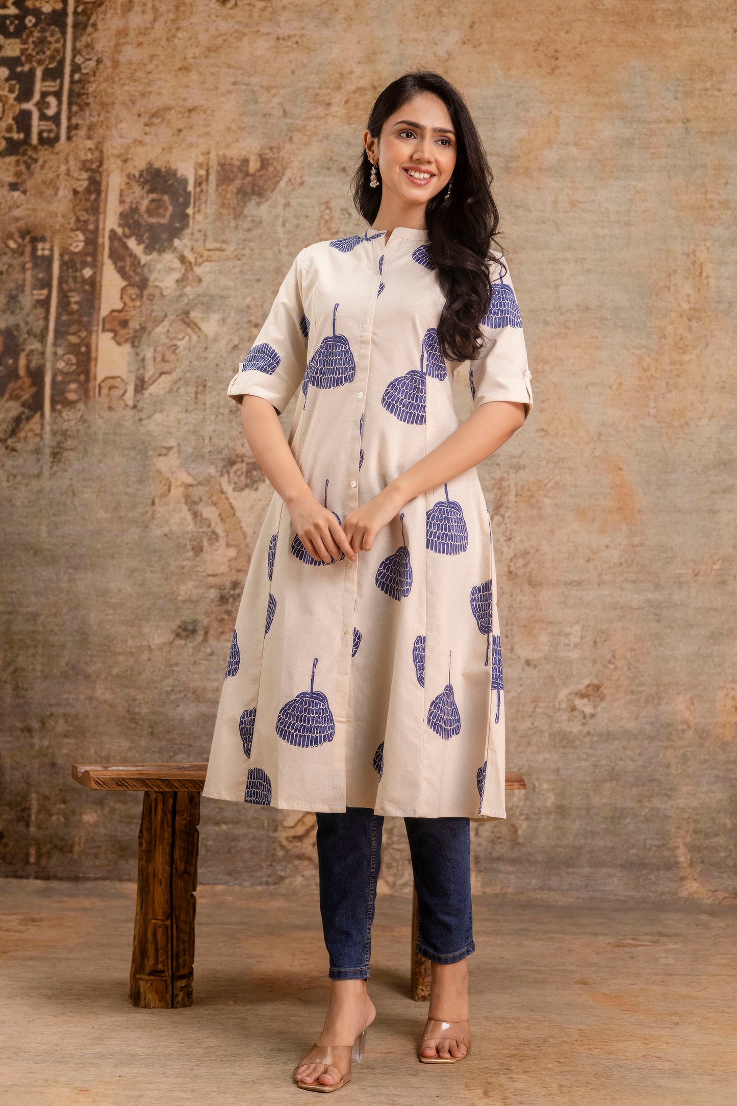 Elegant Off-White Printed A-Line Cotton Kurta with Front Button Detailing - Naticraft