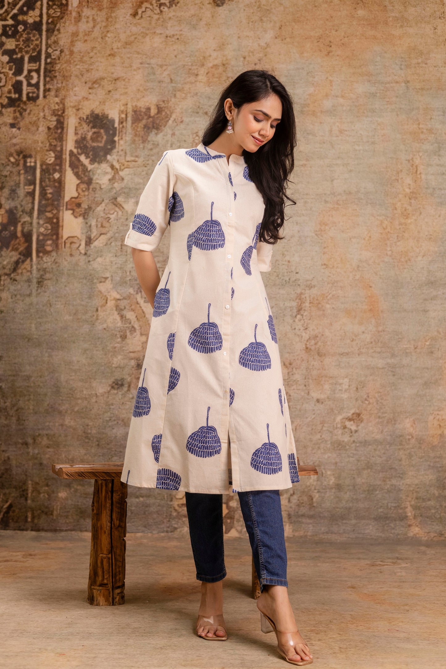 Elegant Off-White Printed A-Line Cotton Kurta with Front Button Detailing - Naticraft