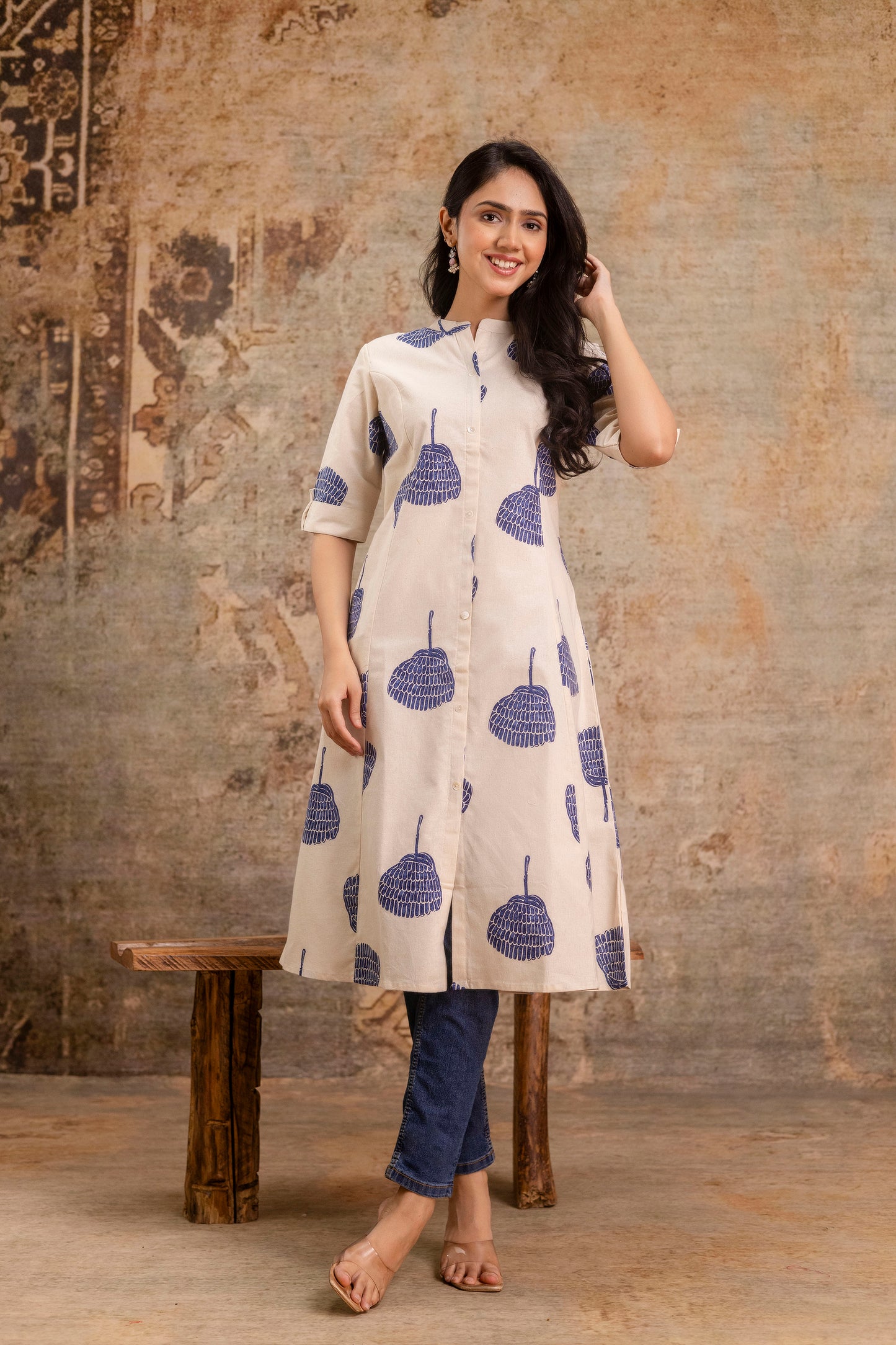 Elegant Off-White Printed A-Line Cotton Kurta with Front Button Detailing - Naticraft