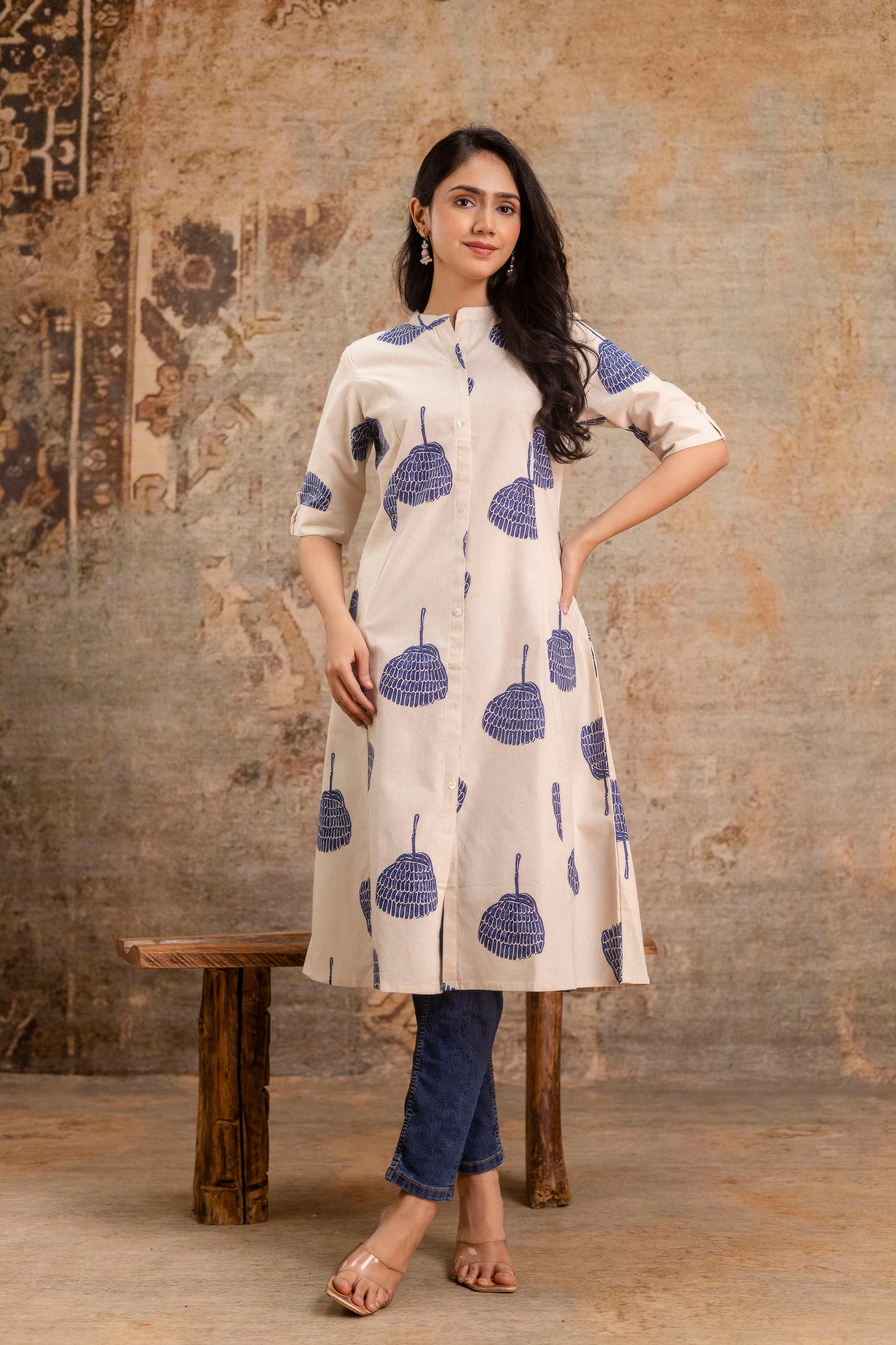 Elegant Off-White Printed A-Line Cotton Kurta with Front Button Detailing - Naticraft