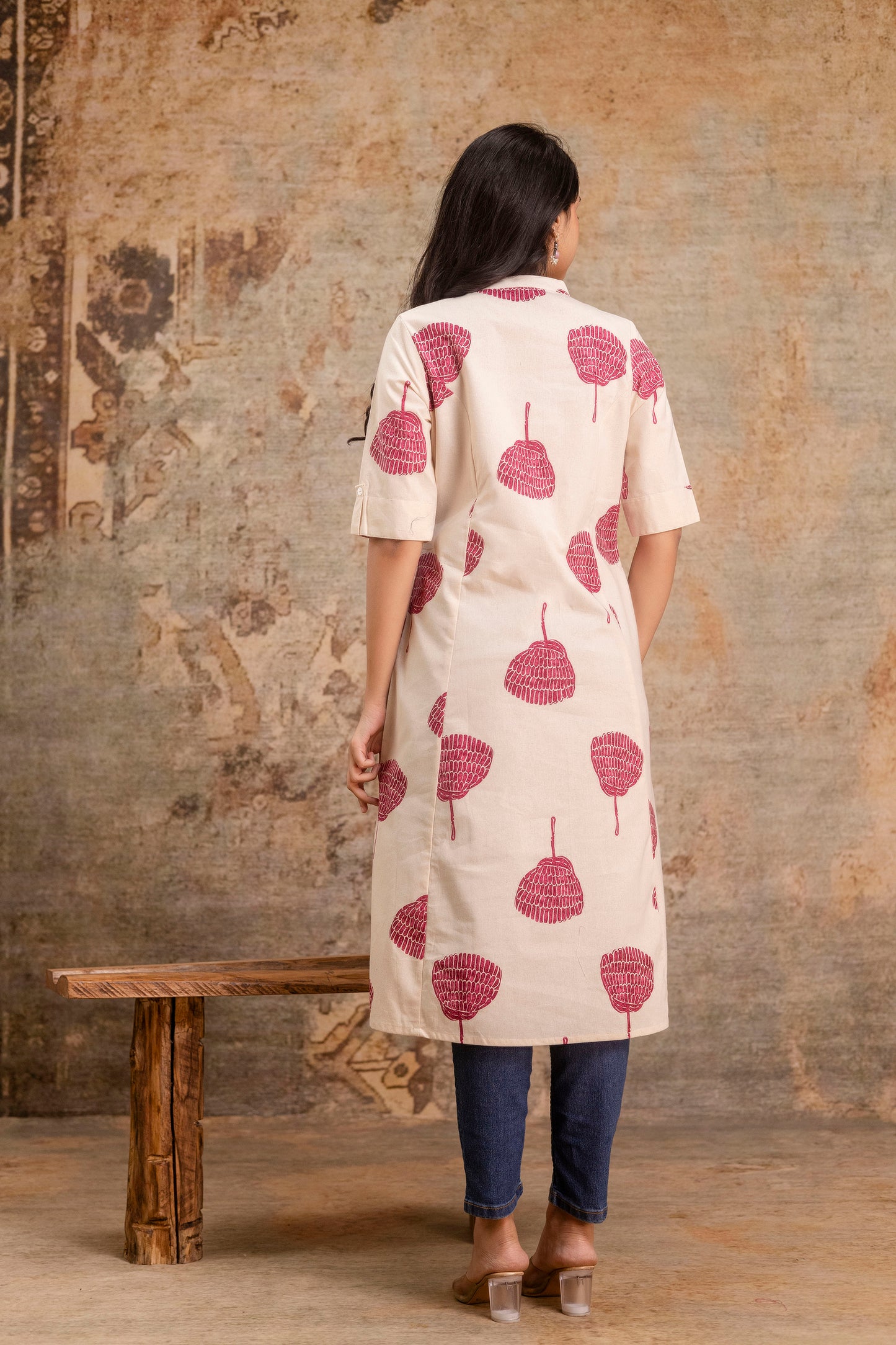 Elegant Off-White Printed A-Line Cotton Kurta with Front Button Detailing - Naticraft